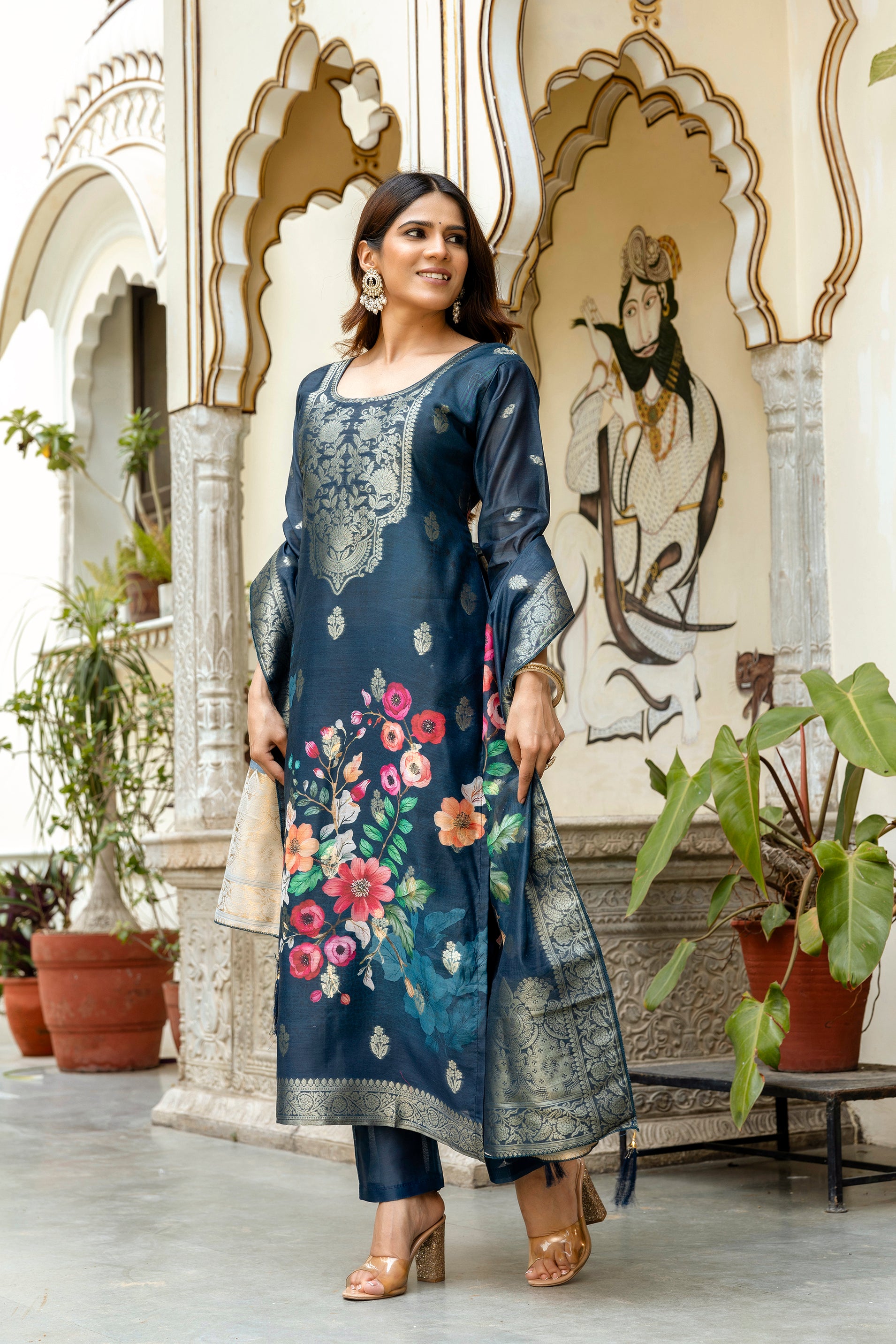 Navy Blue Chanderi Cotton Kurta Pant Set With Jacquard Woven With Digital Print