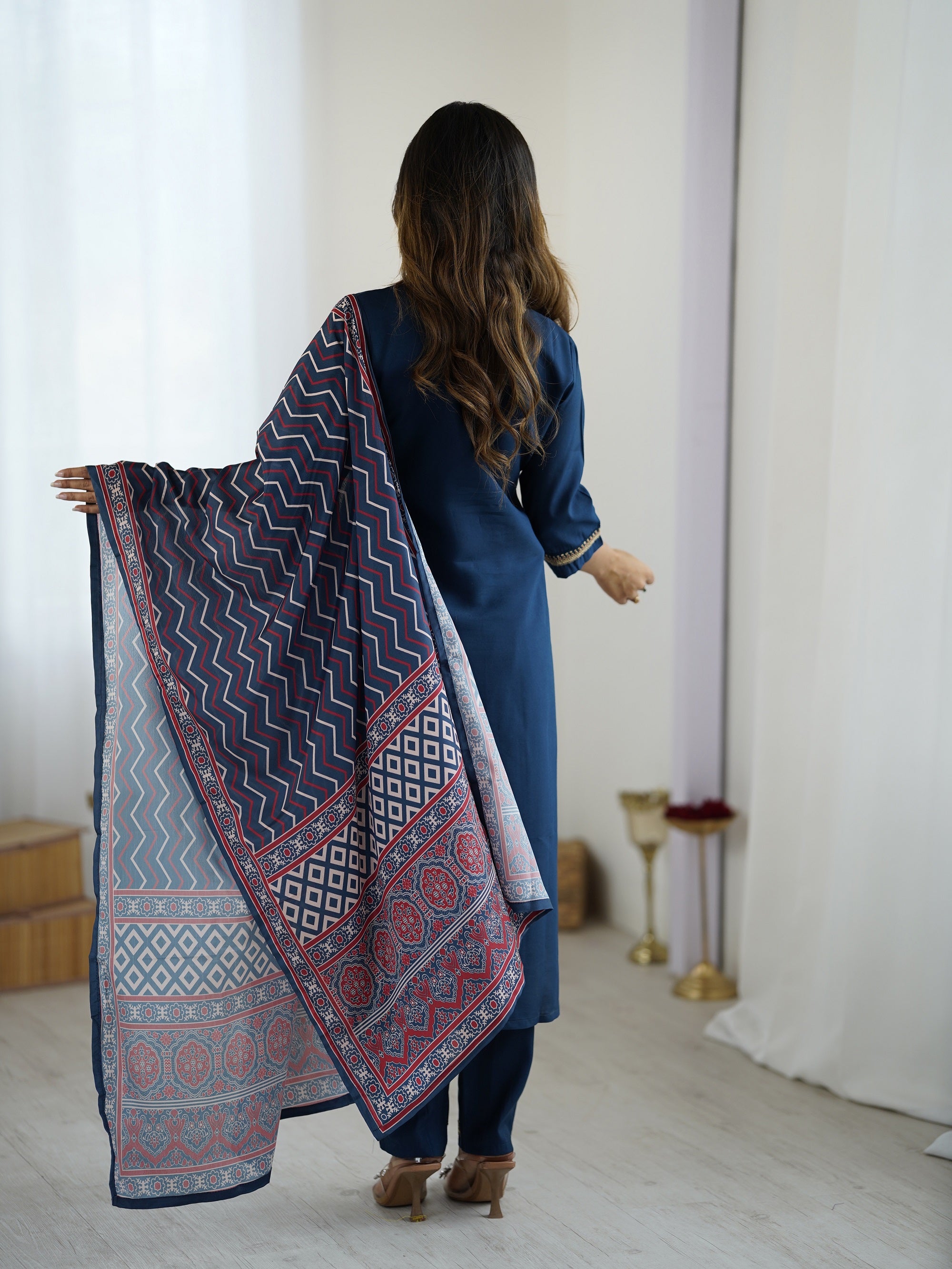 Navy Blue Chanderi Silk Kurta Pant Set With Heavy Thread Embroidered Work With Printed Dupatta