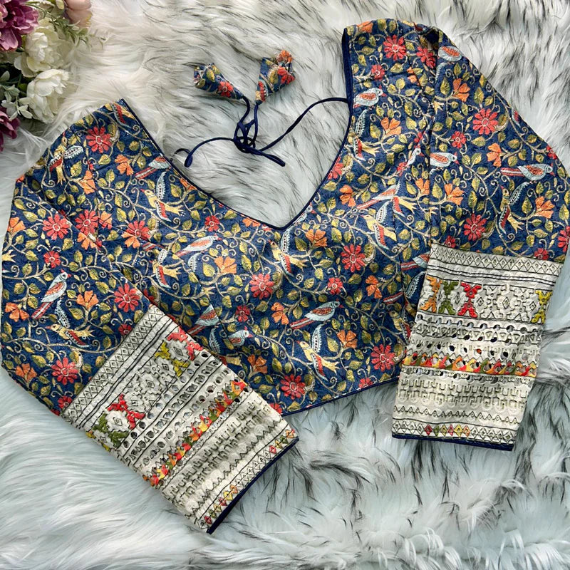 Navy Blue Chikankari Work with Kalamkari Print Long Sleeve Blouse in Roman Silk