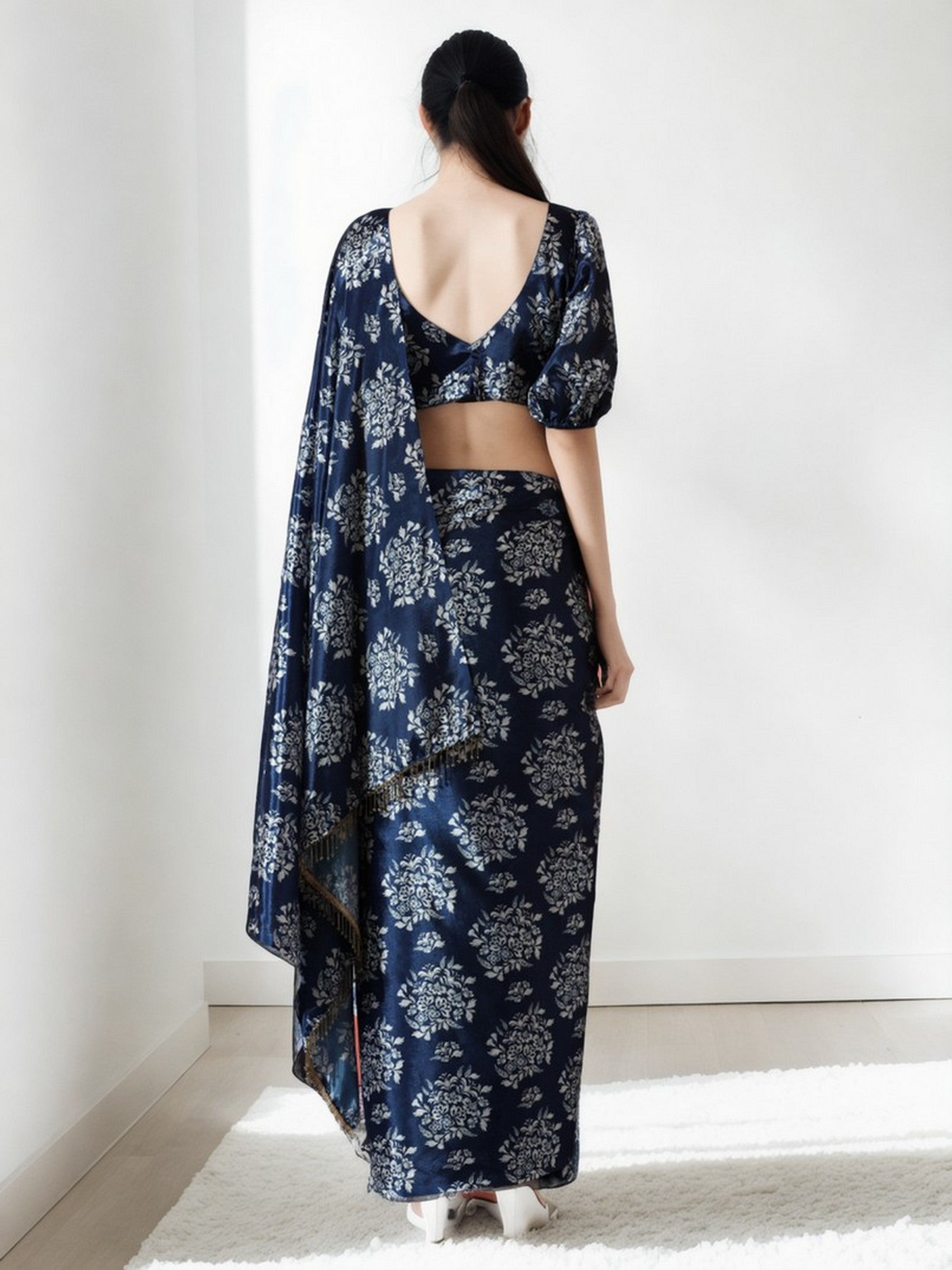 Navy Blue Chinnon Digital Print & Lace Border Trendy Ready To Wear Saree