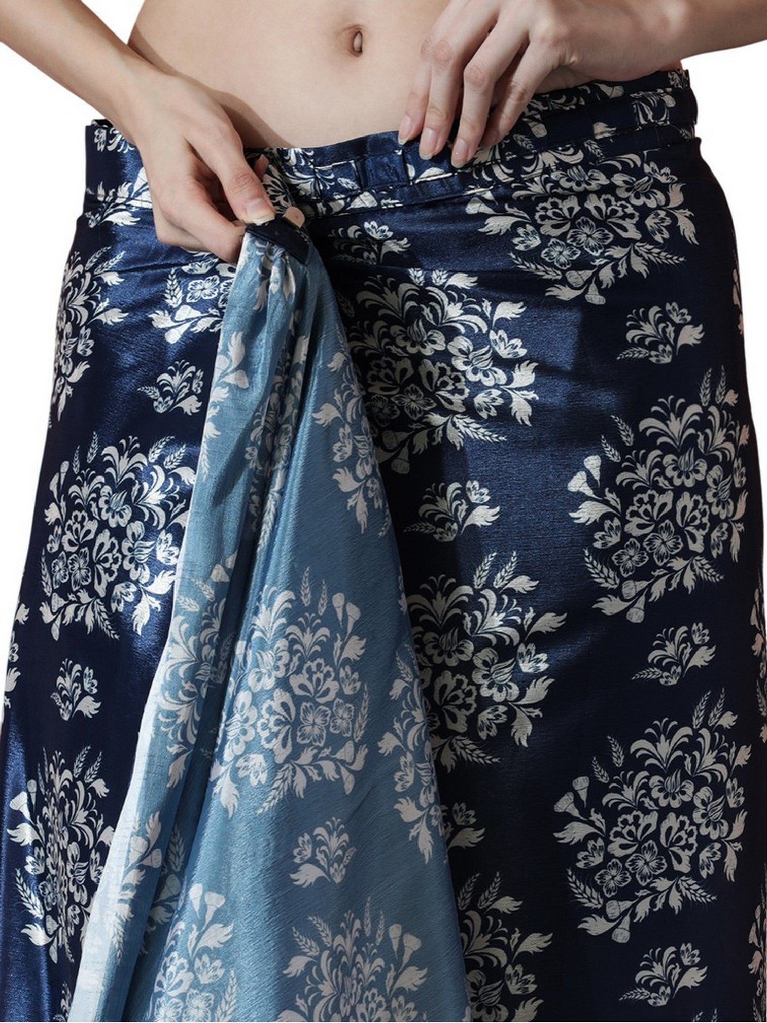 Navy Blue Chinnon Digital Print & Lace Border Trendy Ready To Wear Saree