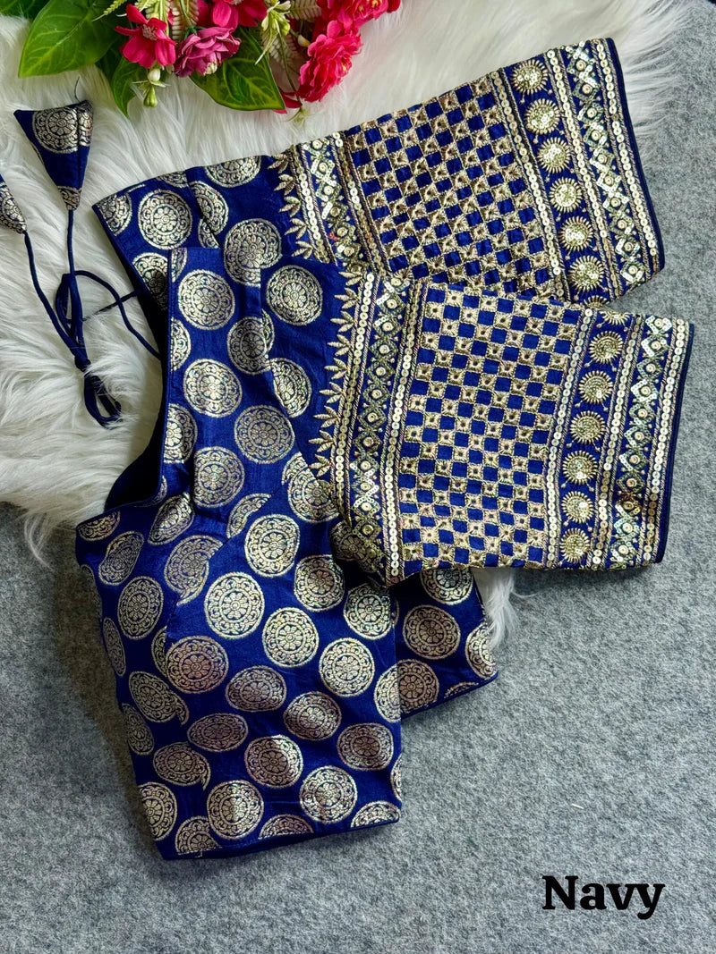 Navy Blue Designer Dola Silk Heavy Embroidered & Sequins Blouse for Women