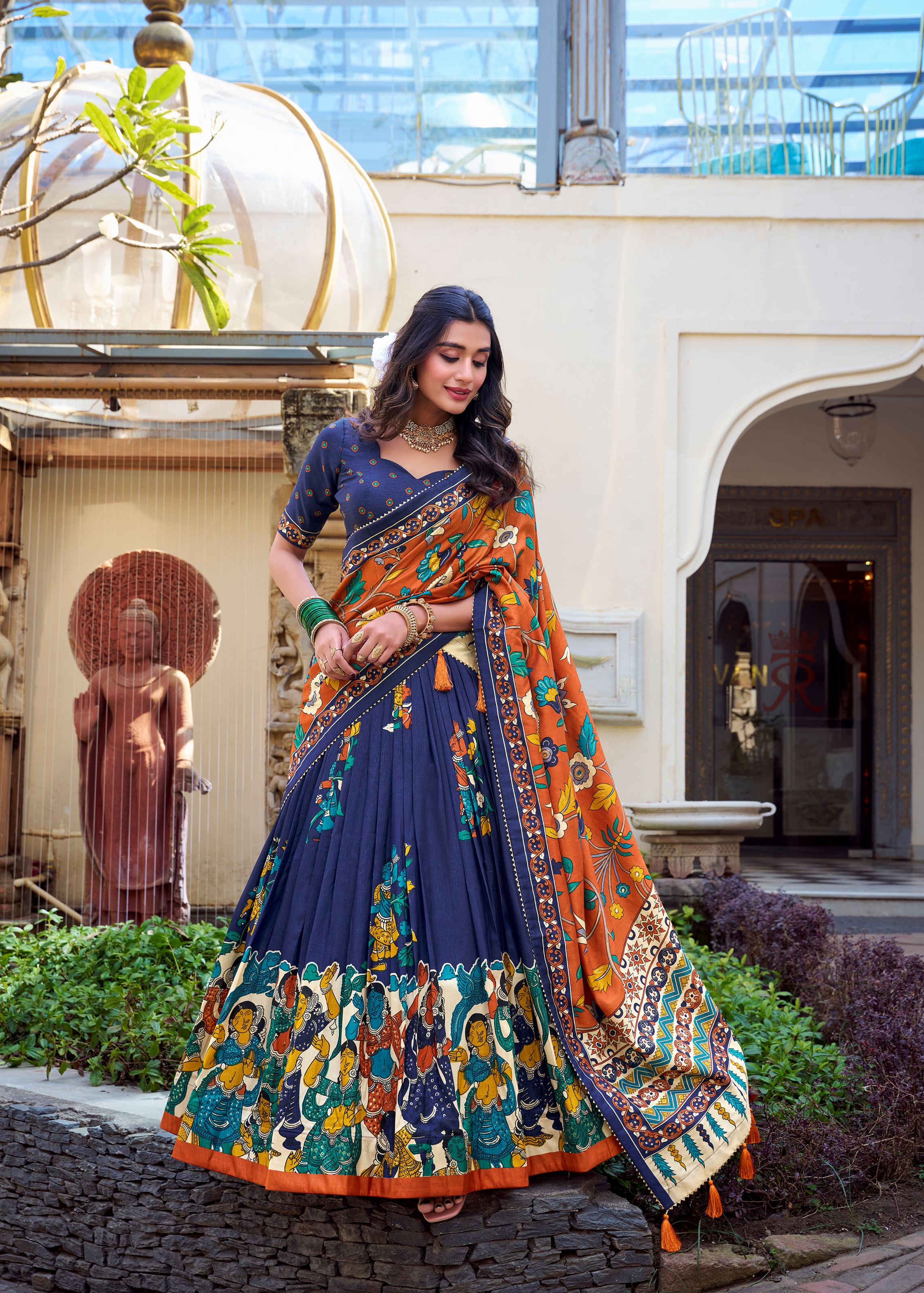 Navy Blue Elegance Tussar Silk Lehenga with Kalamkari Magic & Gota Patti Glam