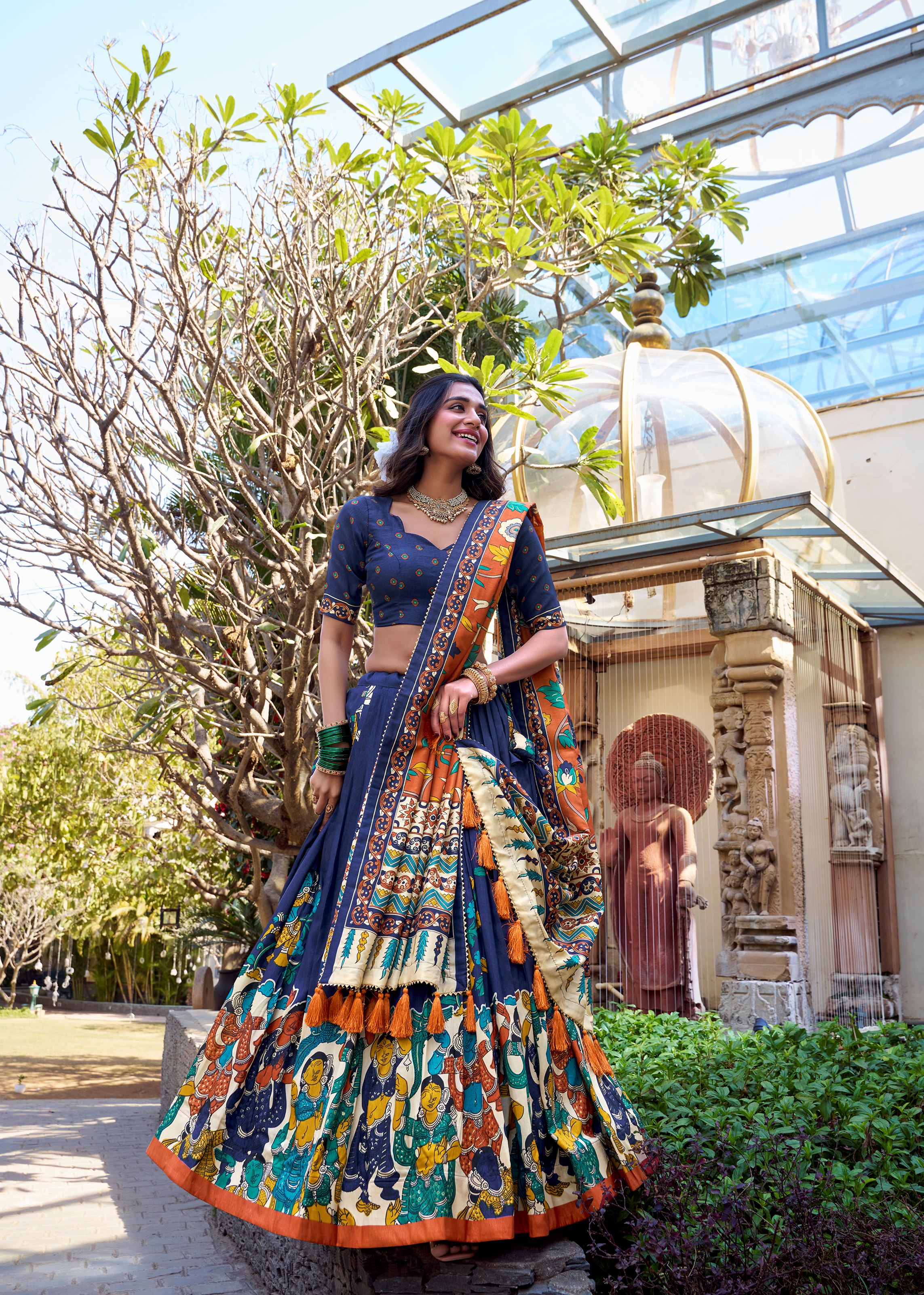 Navy Blue Elegance Tussar Silk Lehenga with Kalamkari Magic & Gota Patti Glam