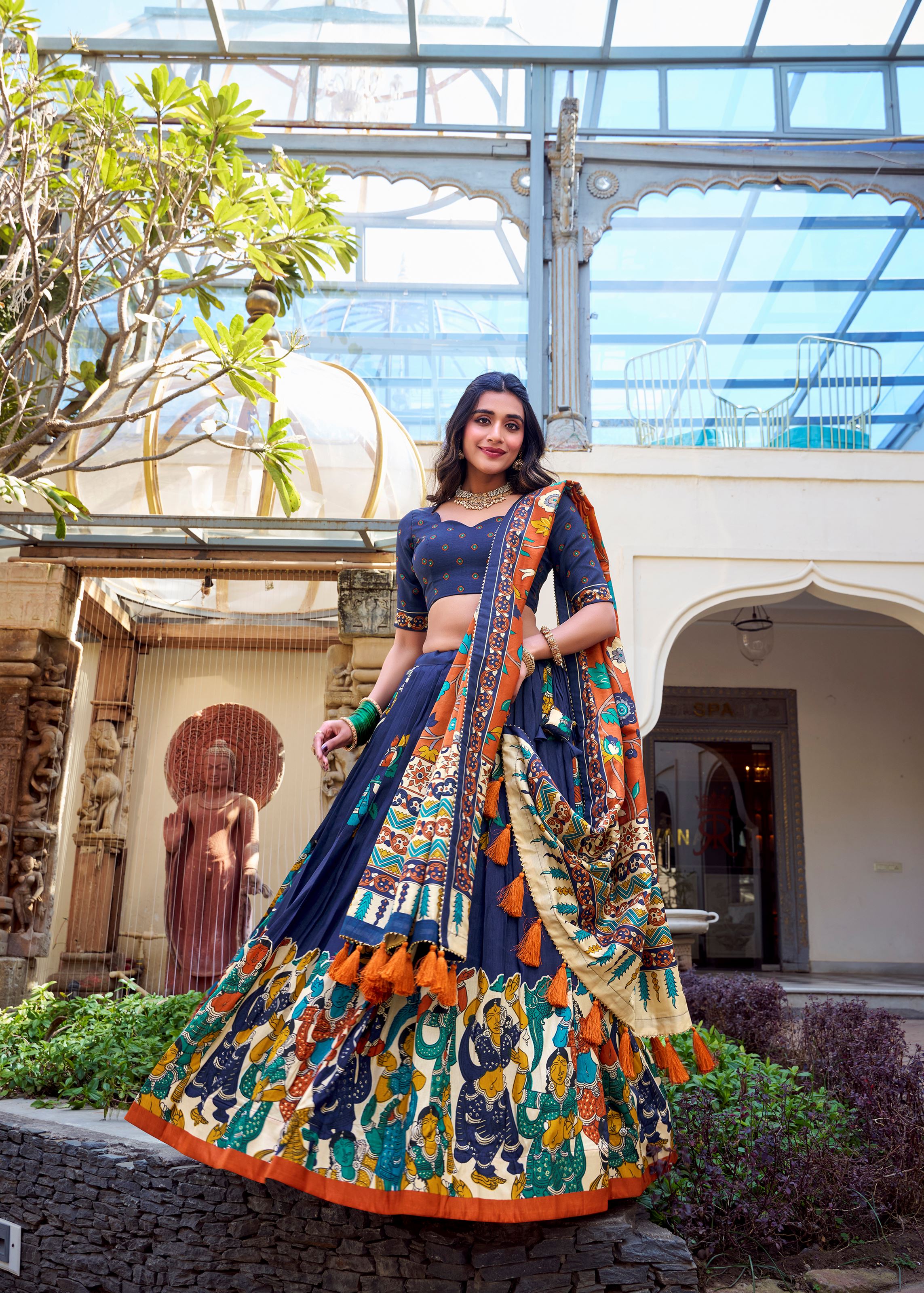Navy Blue Elegance Tussar Silk Lehenga with Kalamkari Magic & Gota Patti Glam