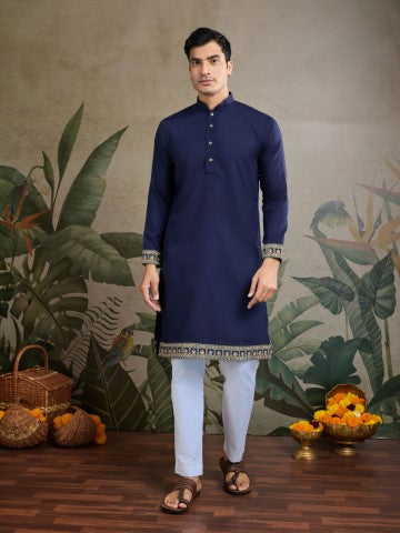 Navy Blue Embroidered Kurta with Jacket for Ceremonial Look