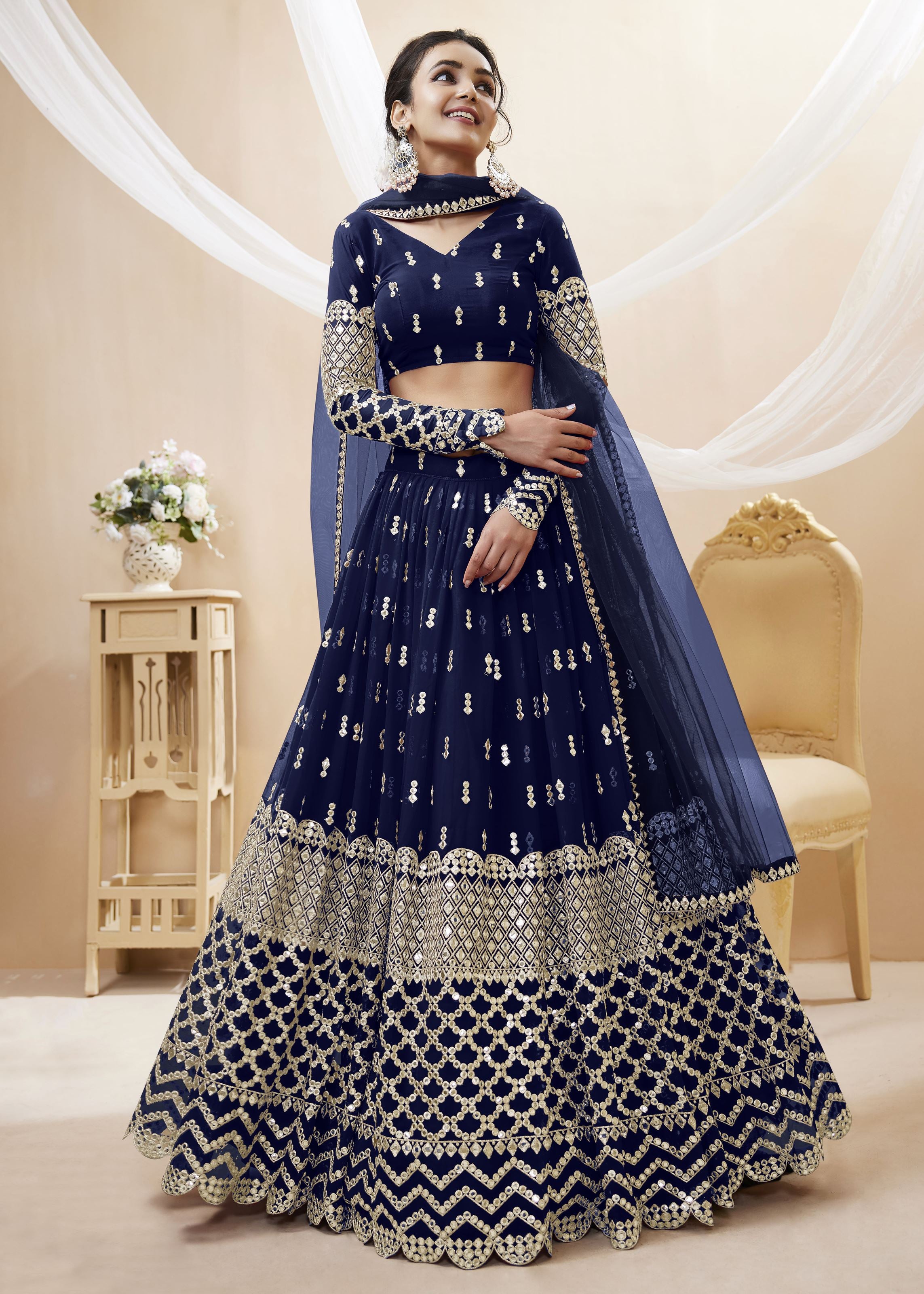 Navy Blue Georgette Lehenga Choli With Sequins Zari Embroidered Work