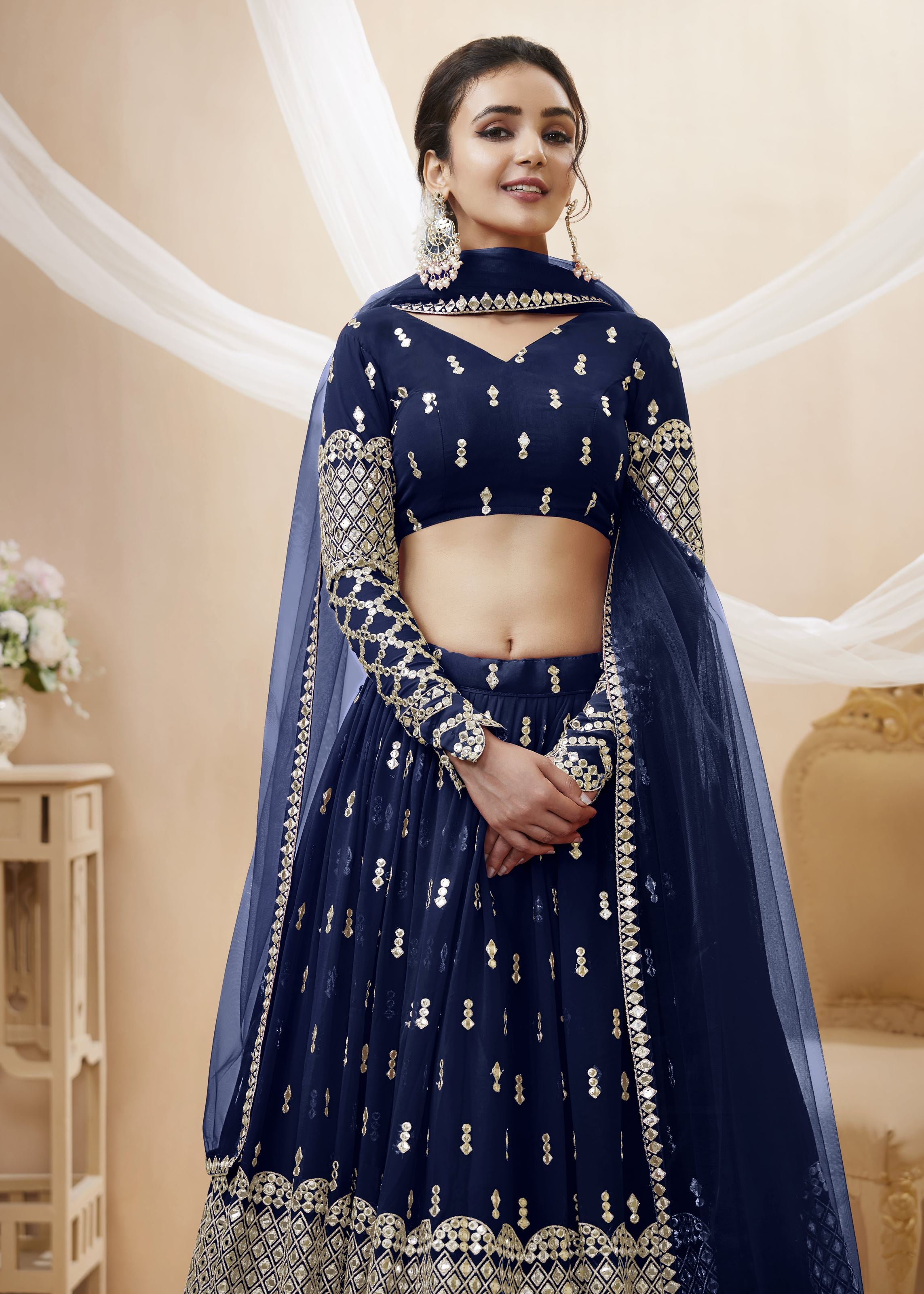 Navy Blue Georgette Lehenga Choli With Sequins Zari Embroidered Work