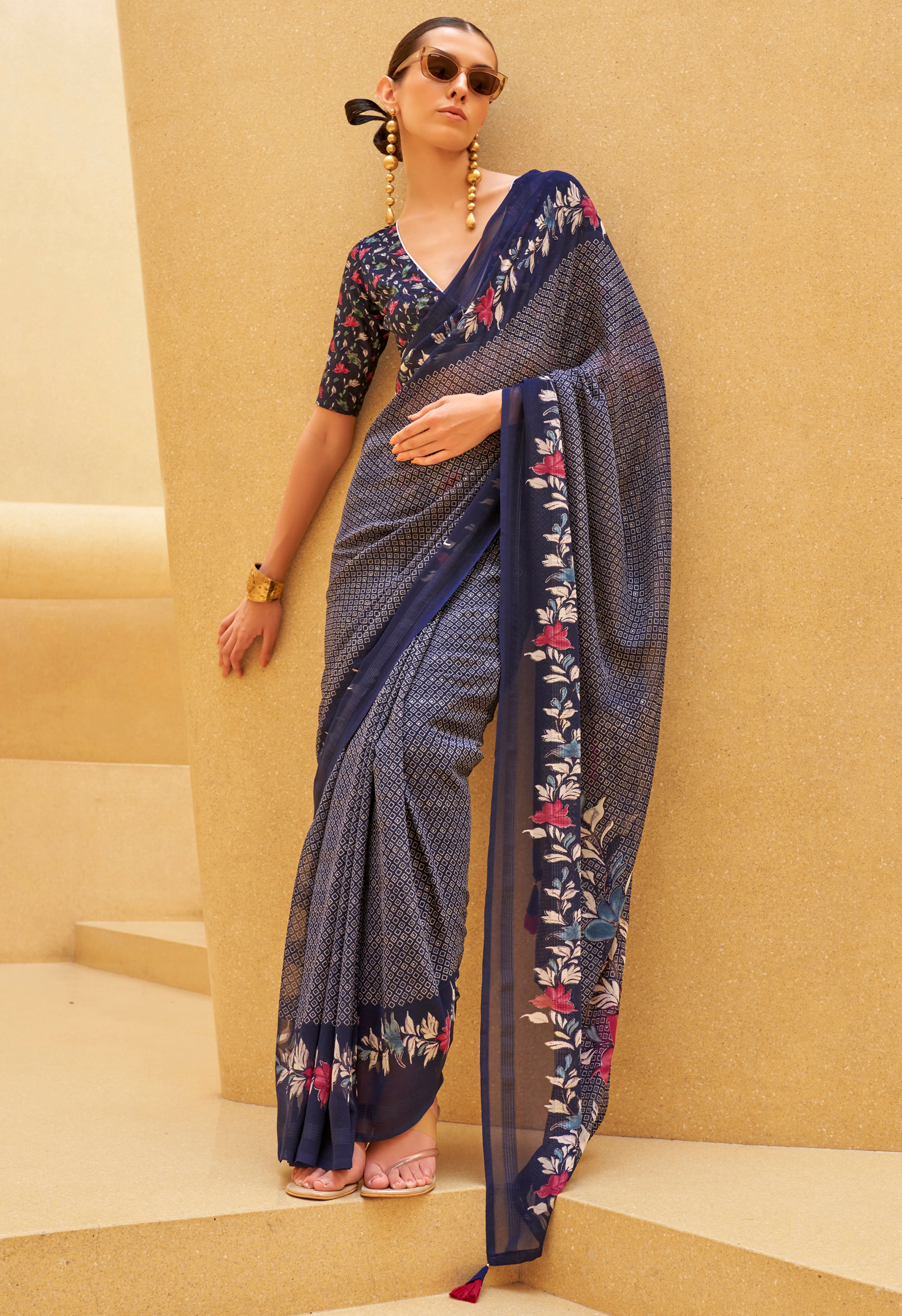 Navy Blue Georgette Printed Saree