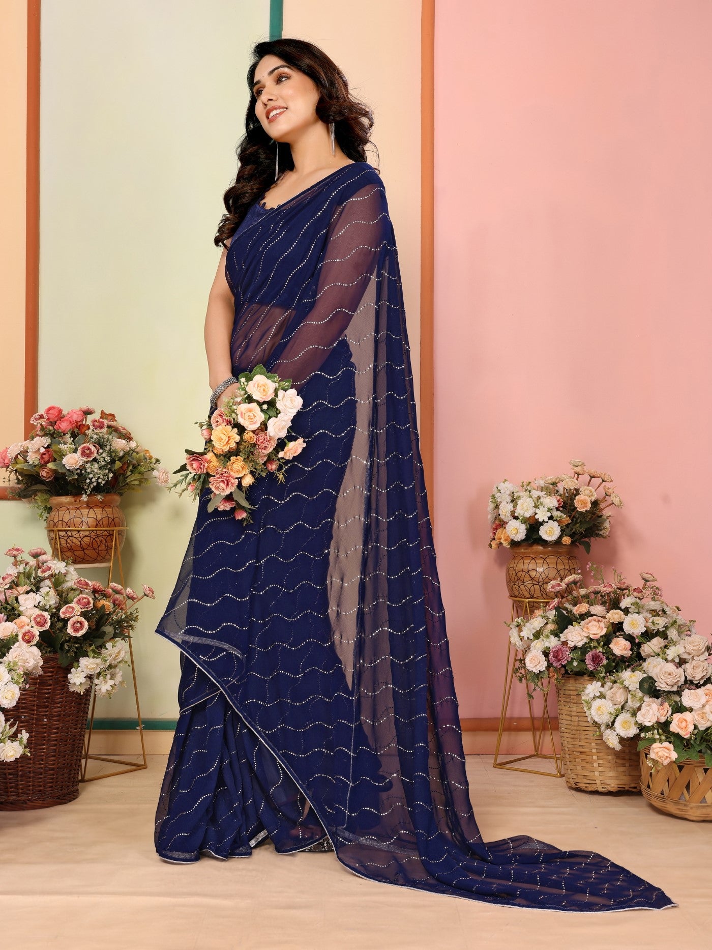 Navy Blue Georgette Saree With Mukesh Work Saree