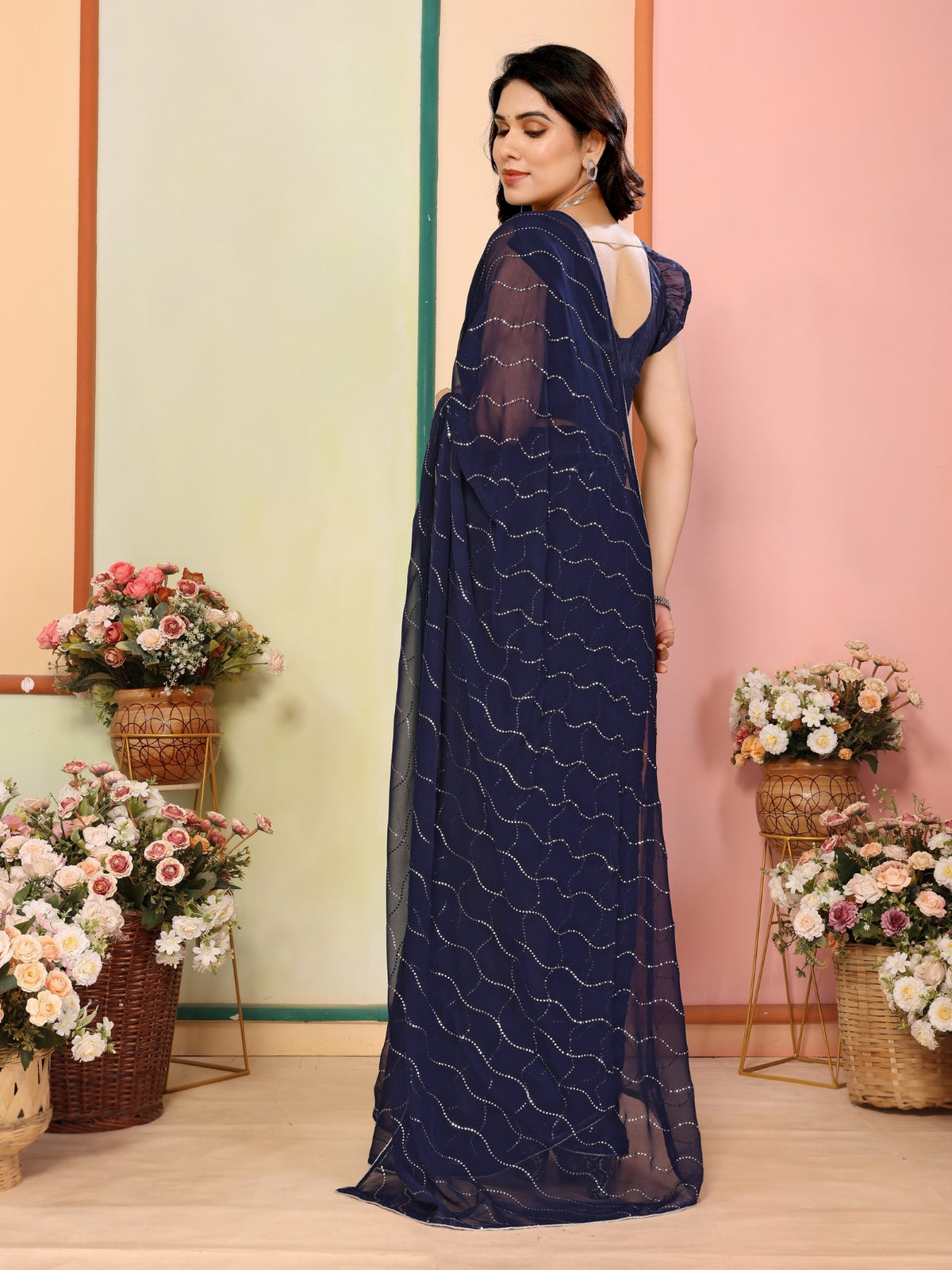 Navy Blue Georgette Saree With Mukesh Work Saree