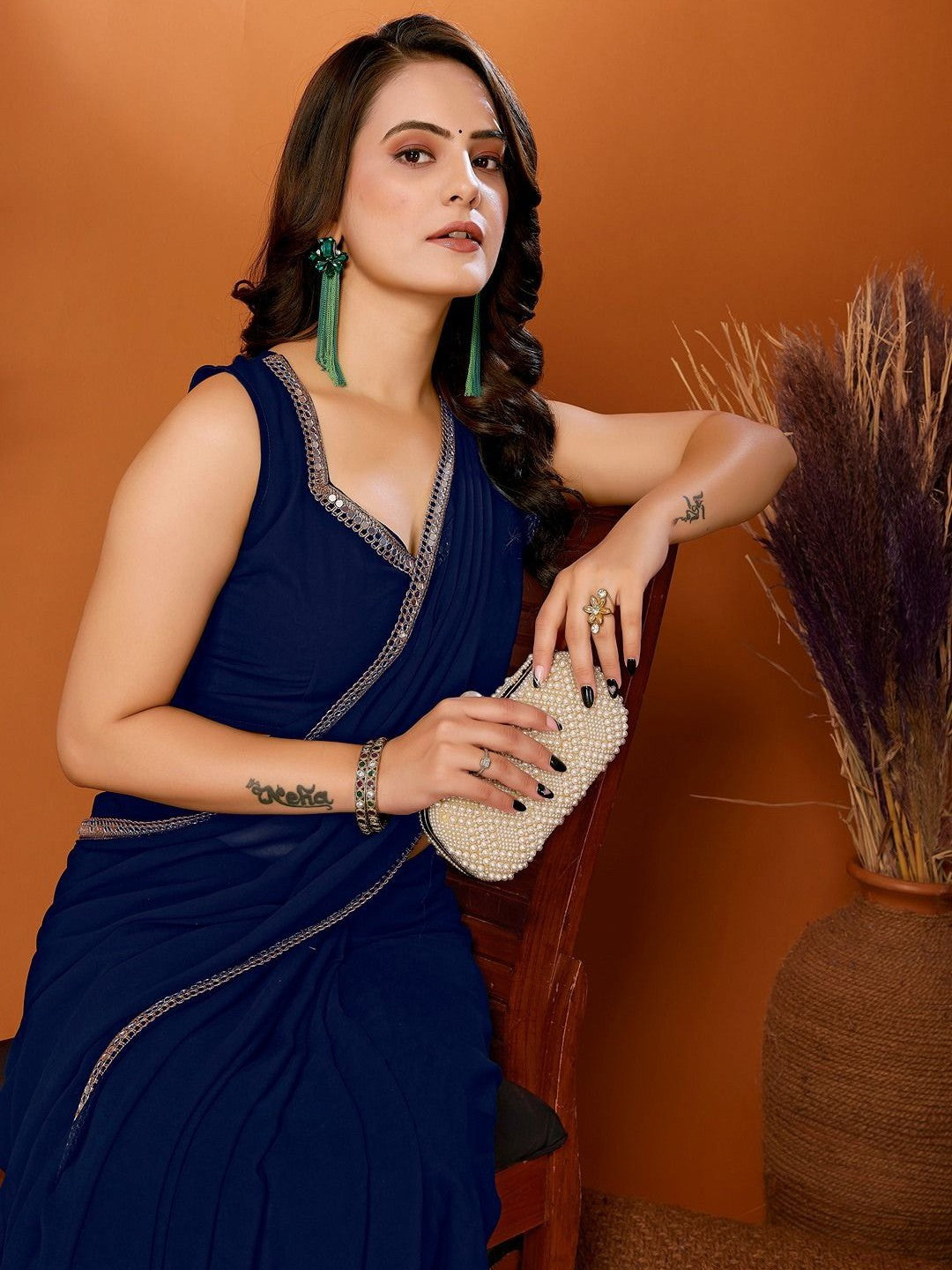 Navy Blue Georgette Saree with Mirror Border
