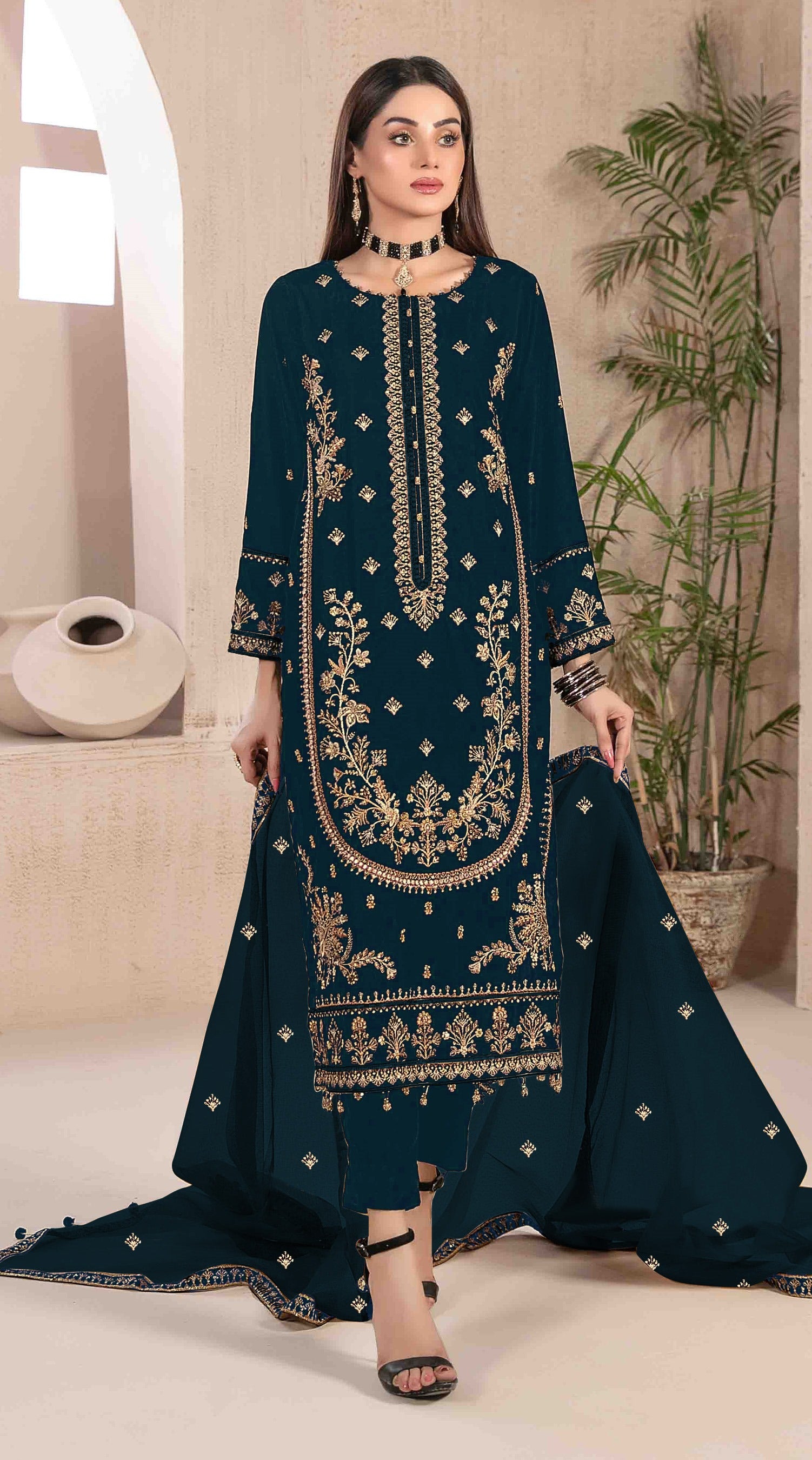 Navy Blue Heavy Designer Suit With Heavy Embroidery Work