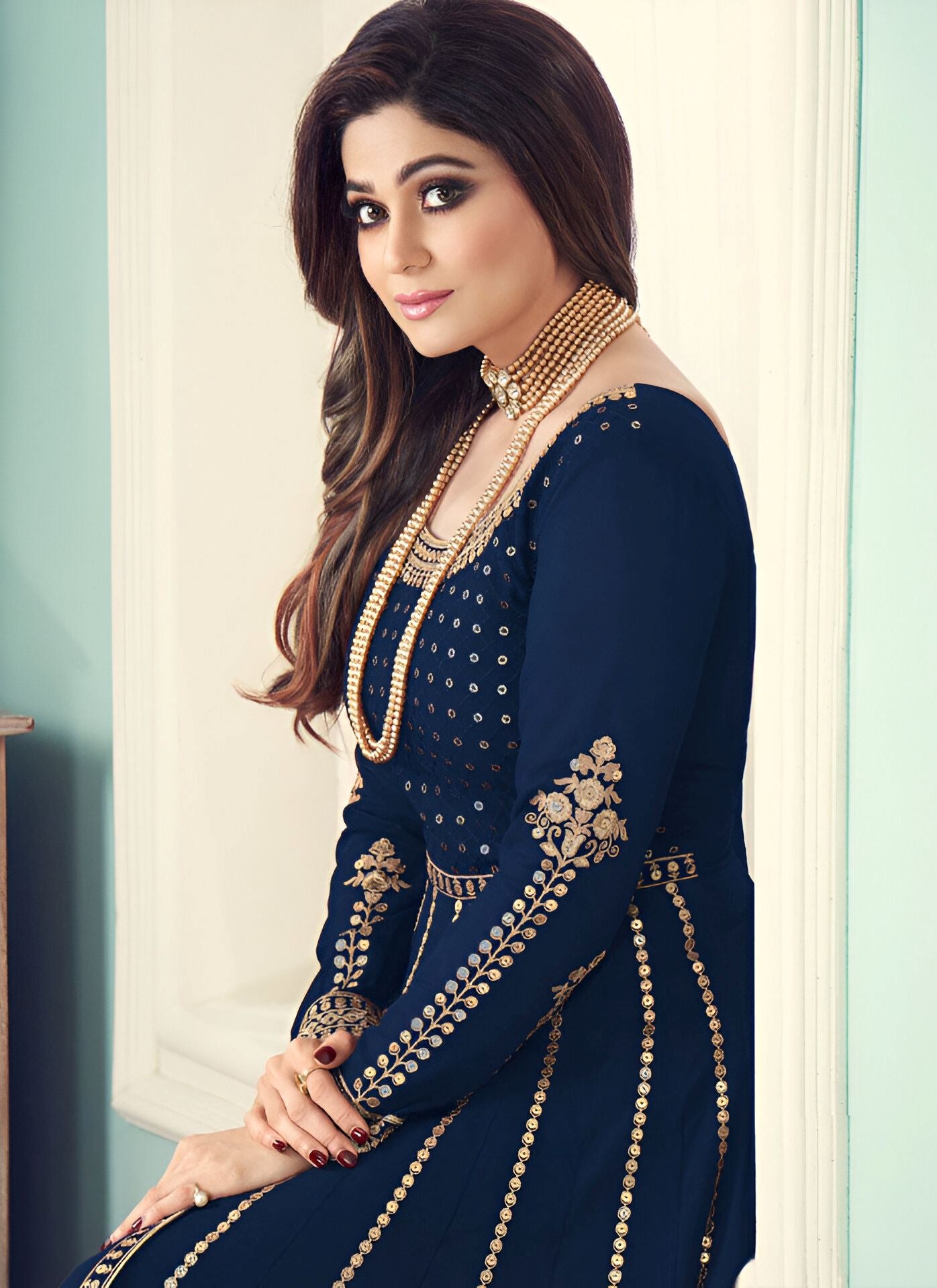 Navy Blue Heavy Designer Suit With Heavy Embroidery Work