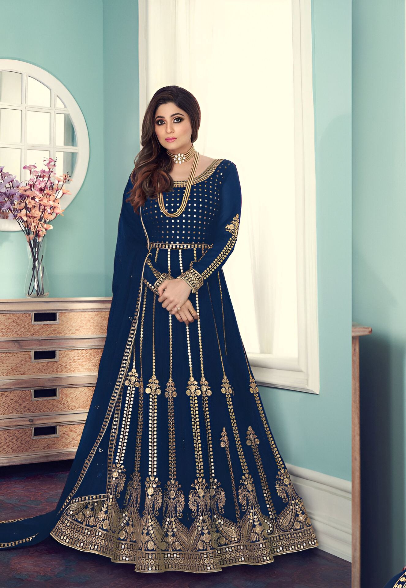 Navy Blue Heavy Designer Suit With Heavy Embroidery Work
