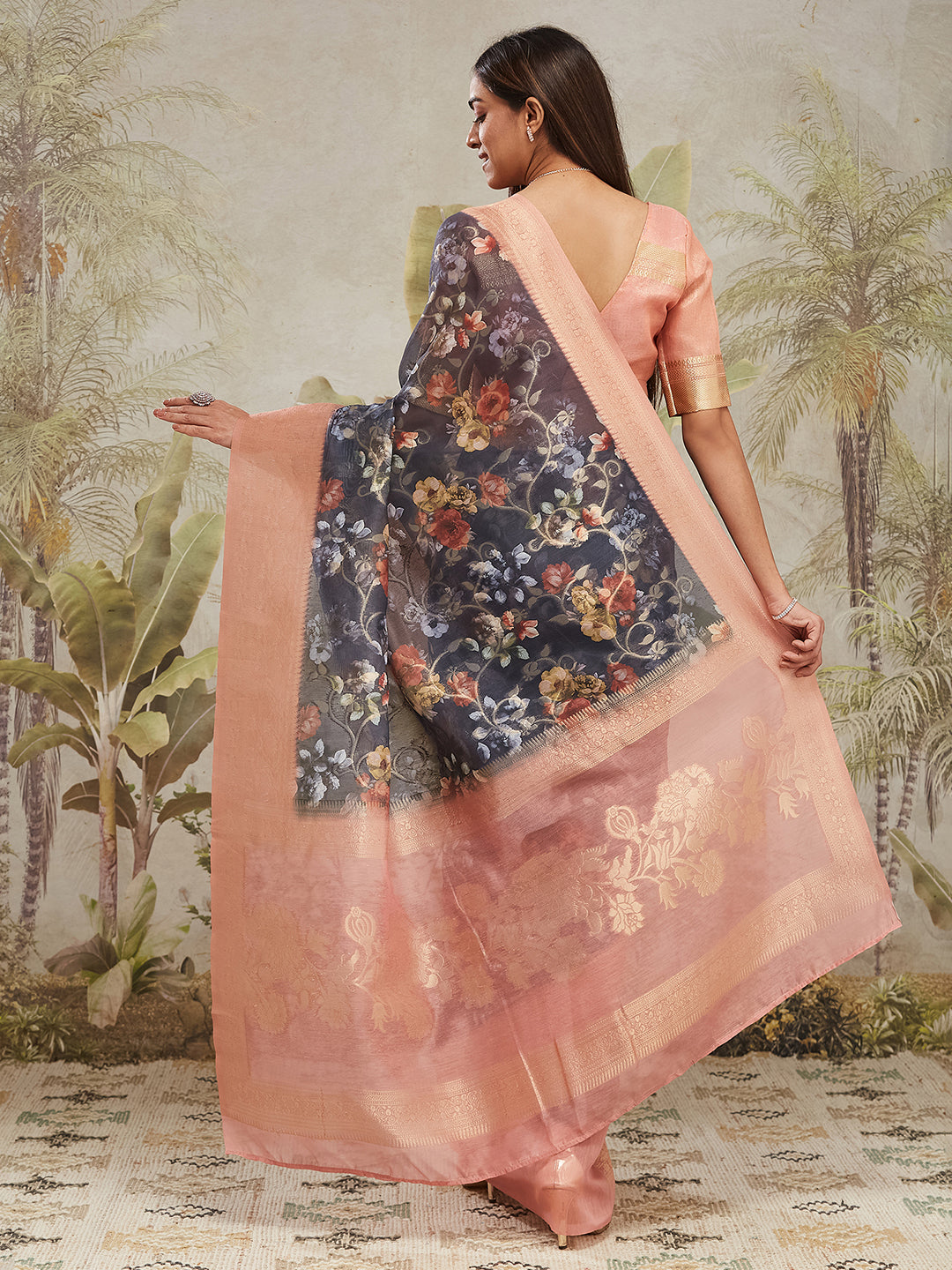 Navy Blue Jacquard Silk Designer Pre-Stitched Saree For Trendy Fashion Looks