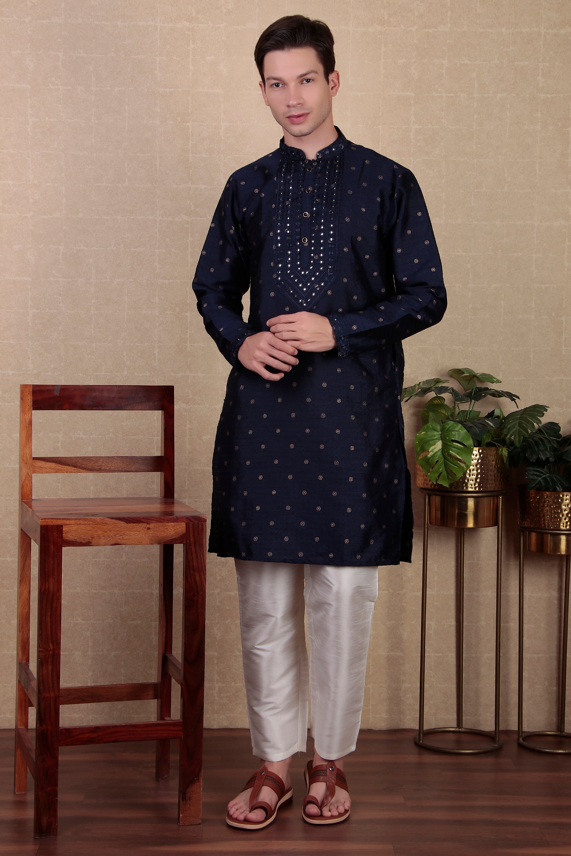 Navy Blue Jacquard Silk Kurta Payjama – Rich Evening Attire
