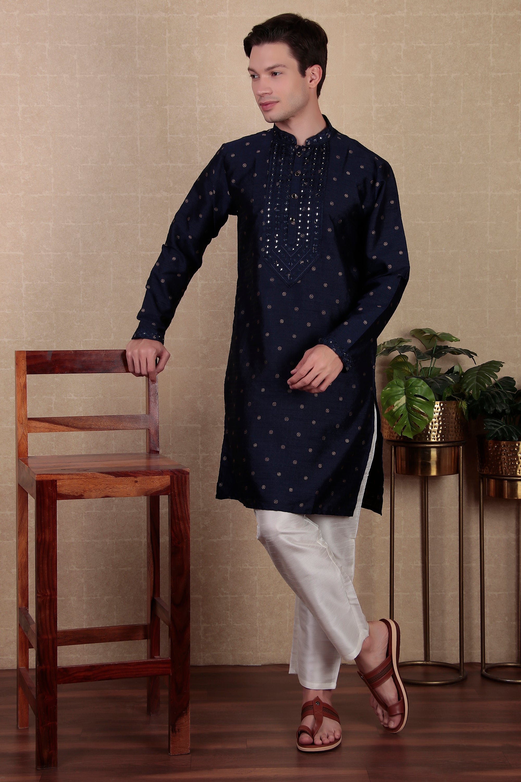 Navy Blue Jacquard Silk Kurta Payjama – Rich Evening Attire