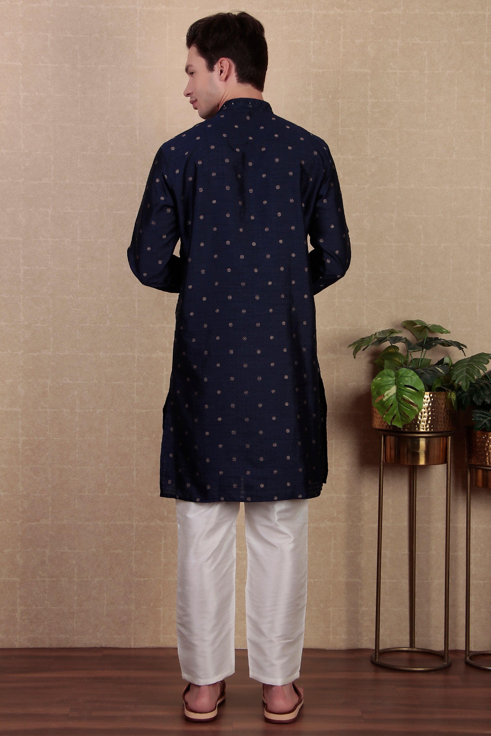 Navy Blue Jacquard Silk Kurta Payjama – Rich Evening Attire