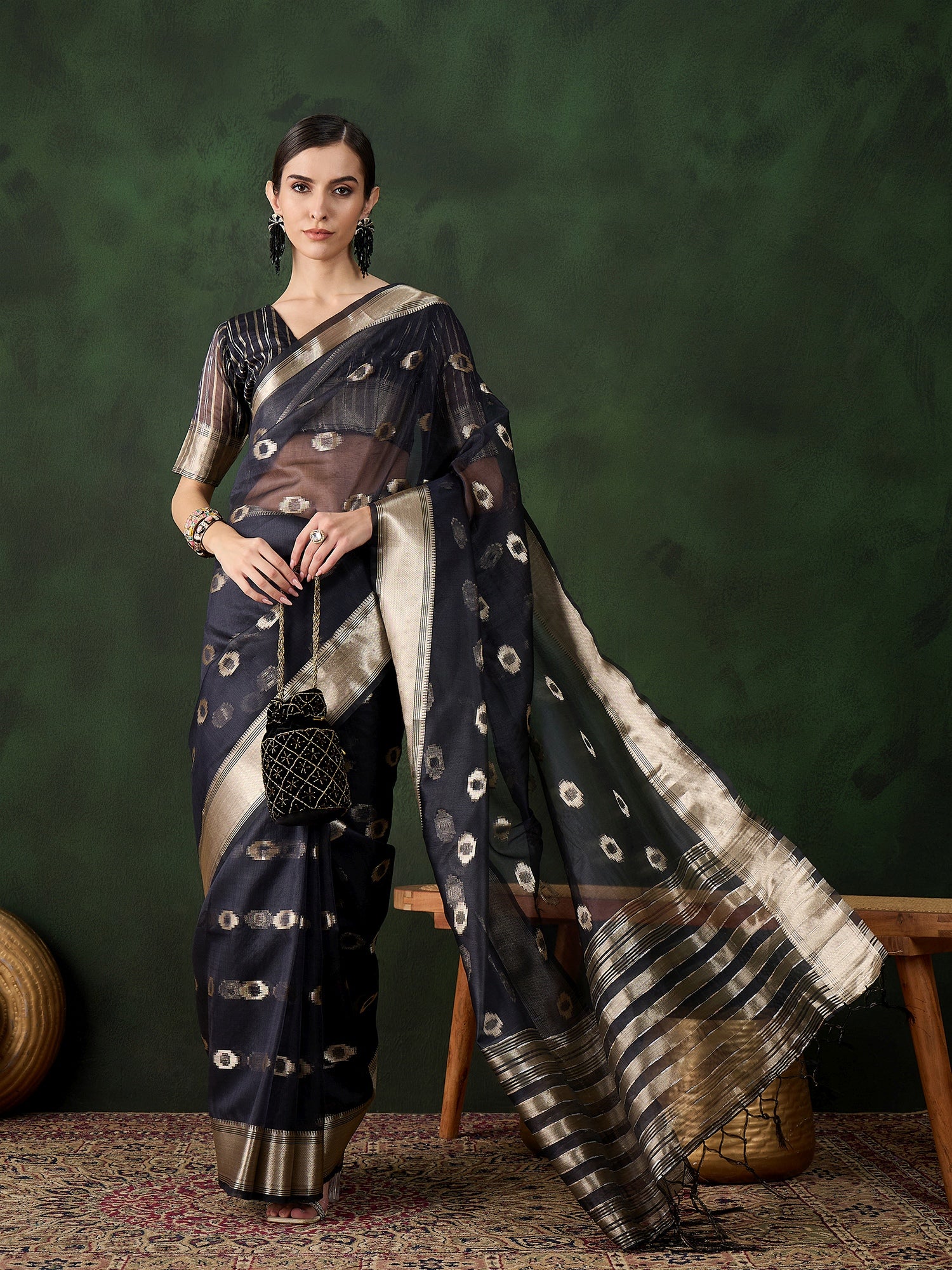 Navy Blue Khadi Organza Woven Jacquard Designer Graceful Traditional Saree