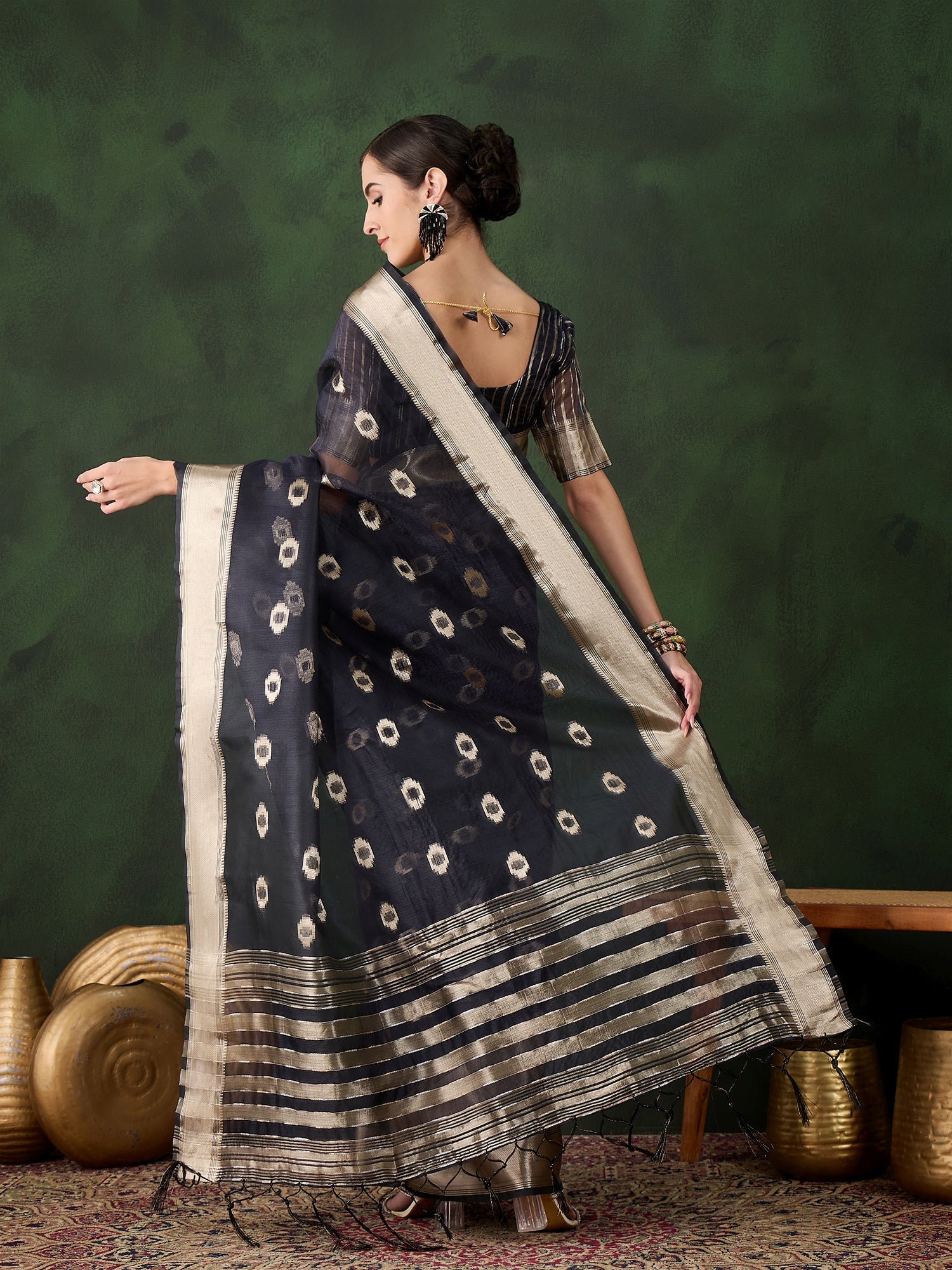 Navy Blue Khadi Organza Woven Jacquard Designer Graceful Traditional Saree