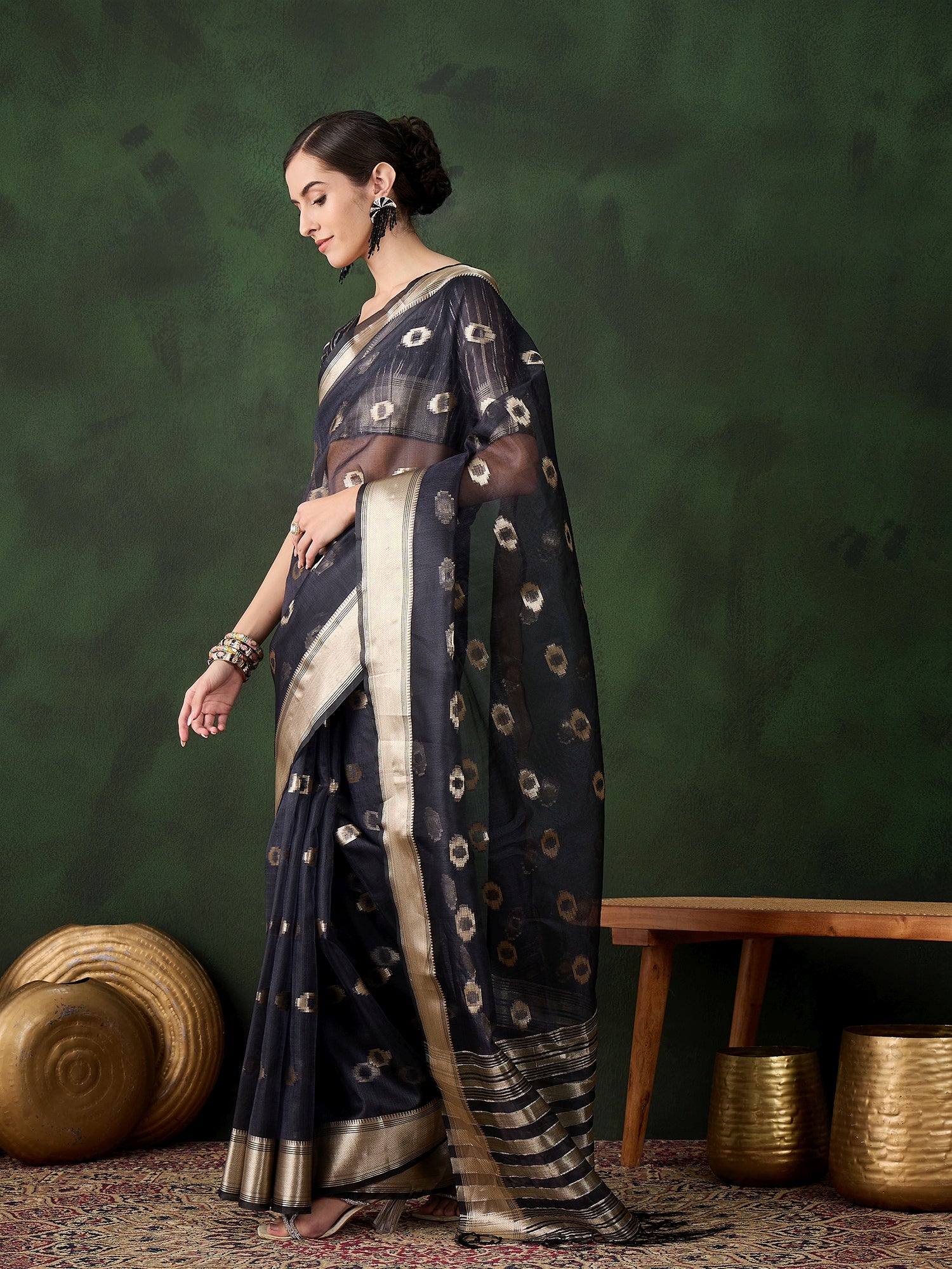 Navy Blue Khadi Organza Woven Jacquard Designer Graceful Traditional Saree