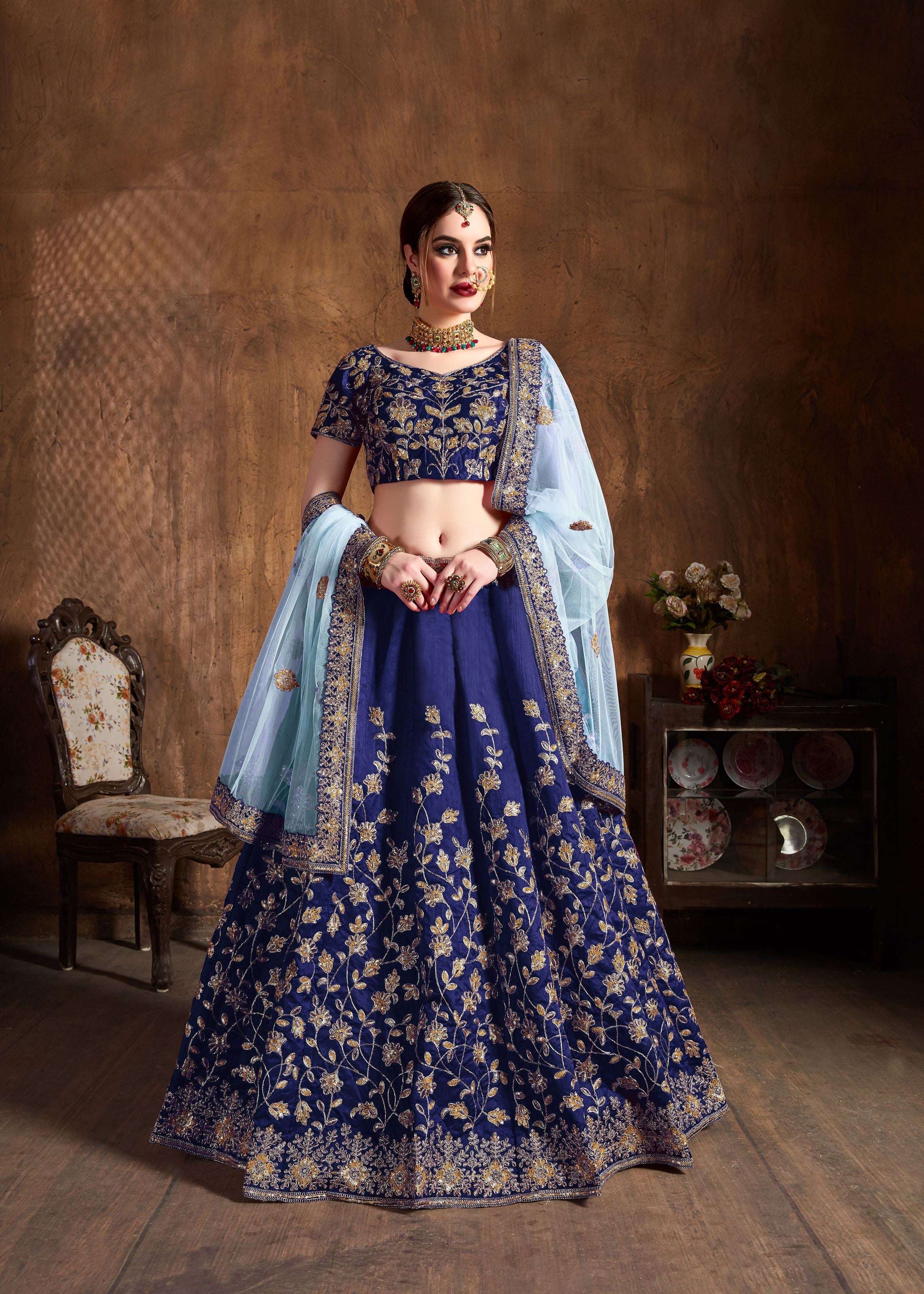 Navy Blue Lehenga Choli With Dori, Badla And Sequins Embroidery