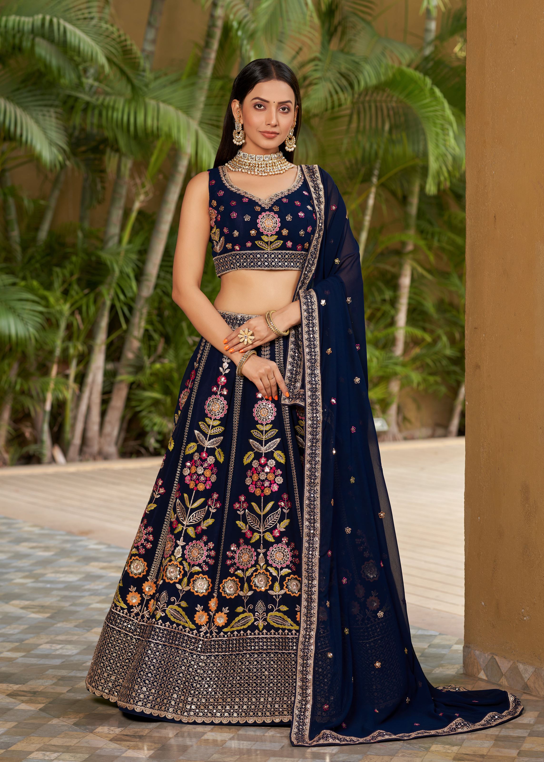 Navy Blue Lehenga Choli With Sequins, Zari, Dori And Multi Color Thread Embroidery Work