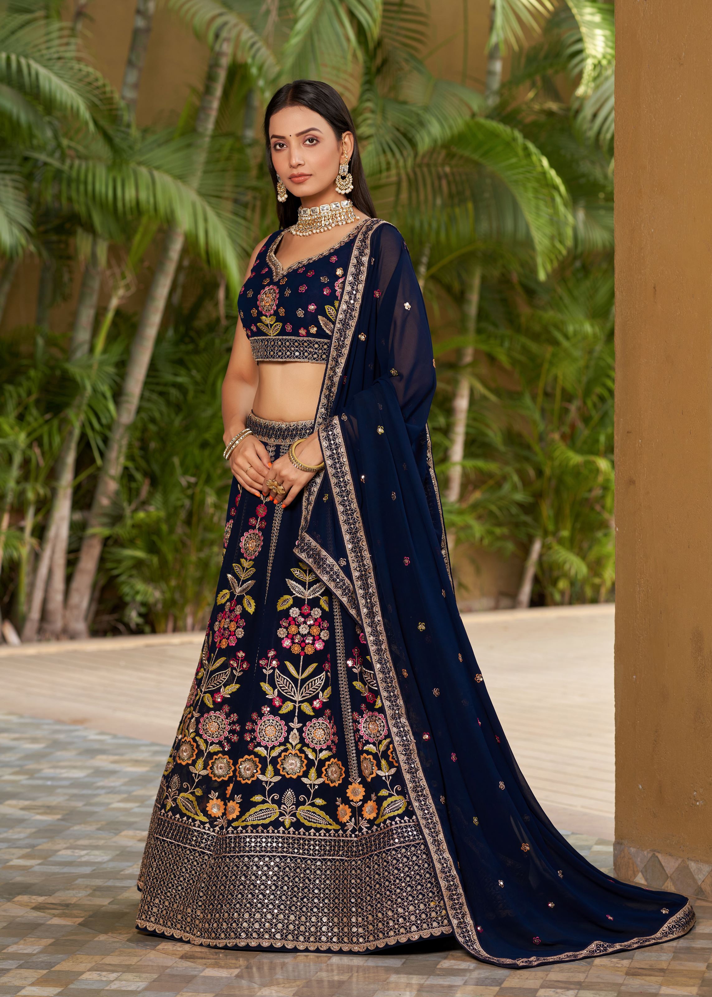 Navy Blue Lehenga Choli With Sequins, Zari, Dori And Multi Color Thread Embroidery Work