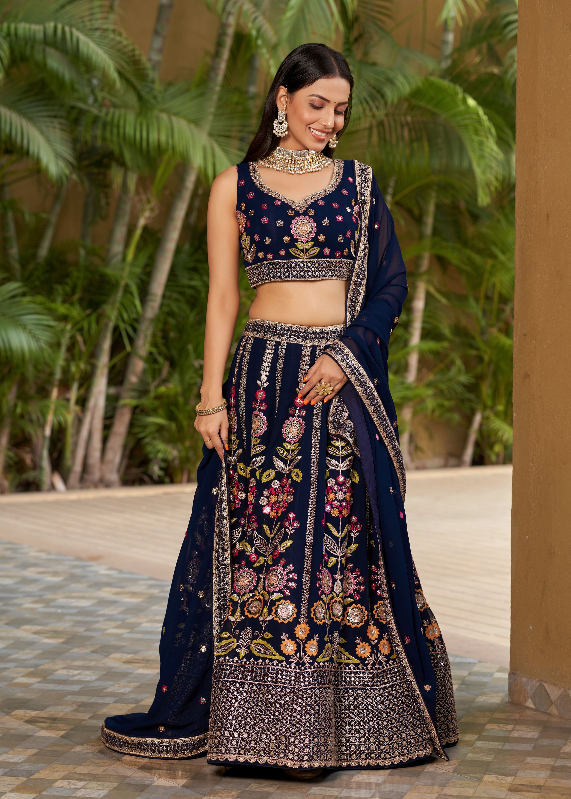 Navy Blue Lehenga Choli With Sequins, Zari, Dori And Multi Color Thread Embroidery Work