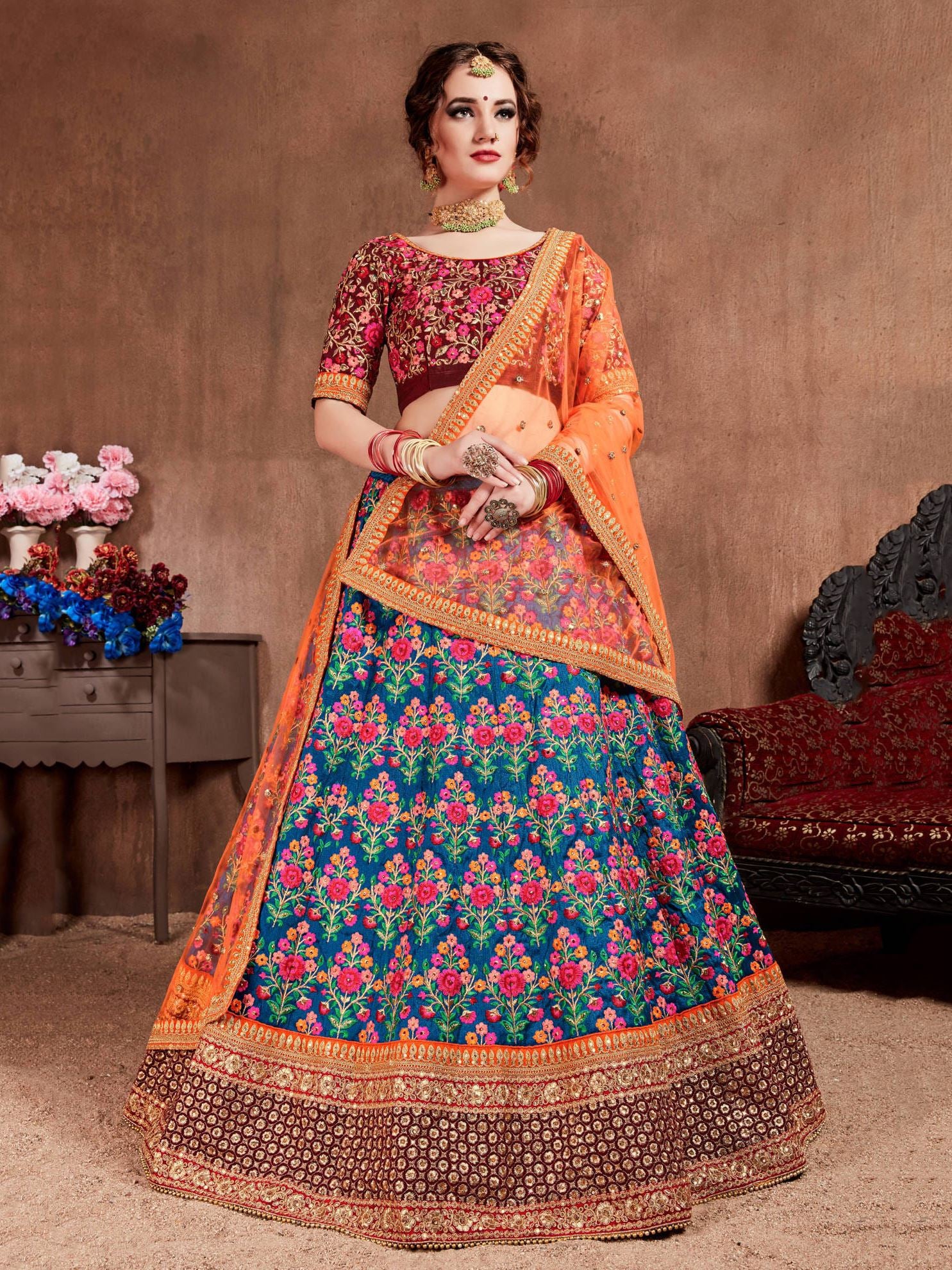 Navy Blue Lehenga Choli With Thread, Dori, Zari, Sequins Embroidery With Stone Work
