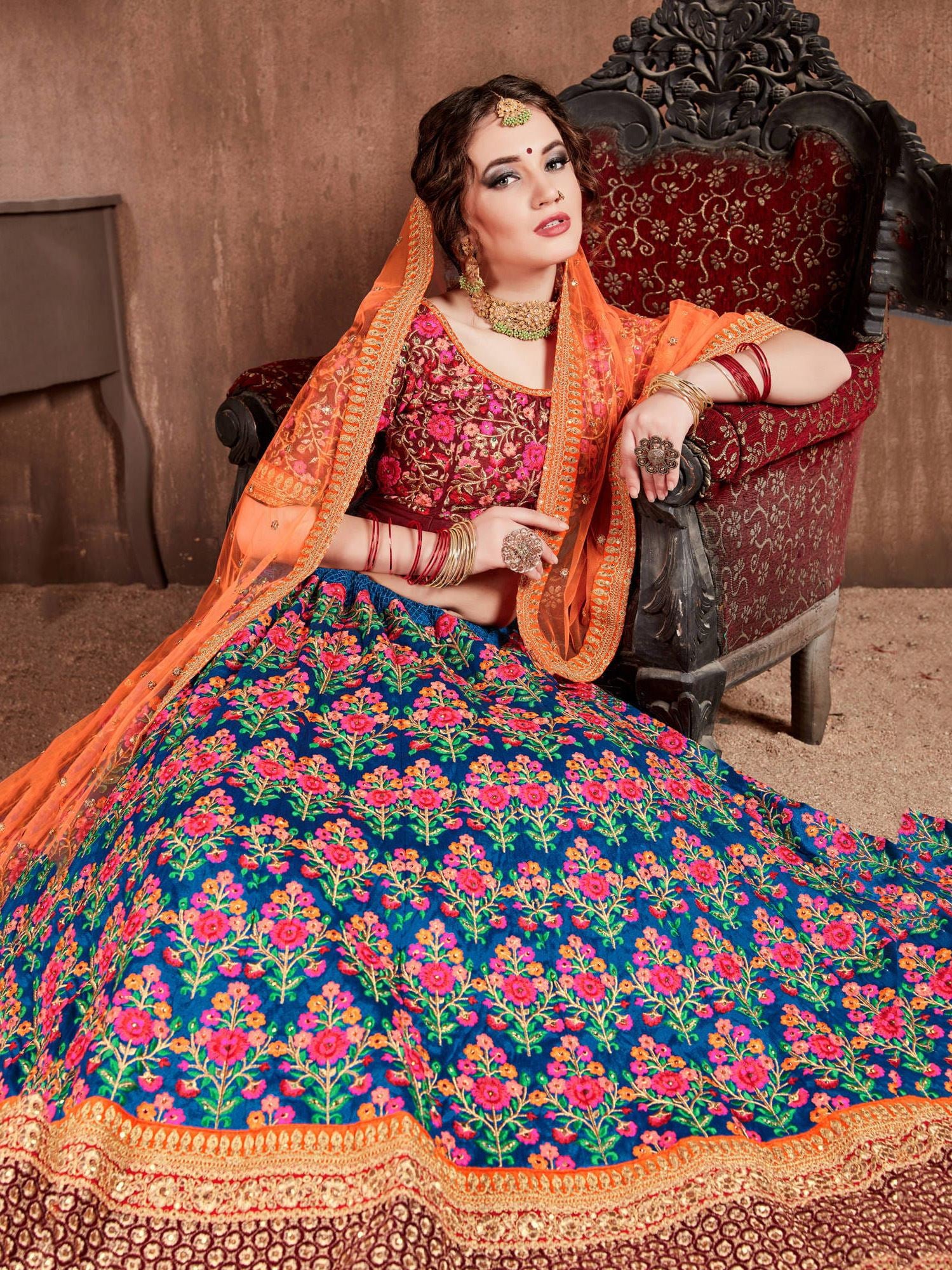 Navy Blue Lehenga Choli With Thread, Dori, Zari, Sequins Embroidery With Stone Work