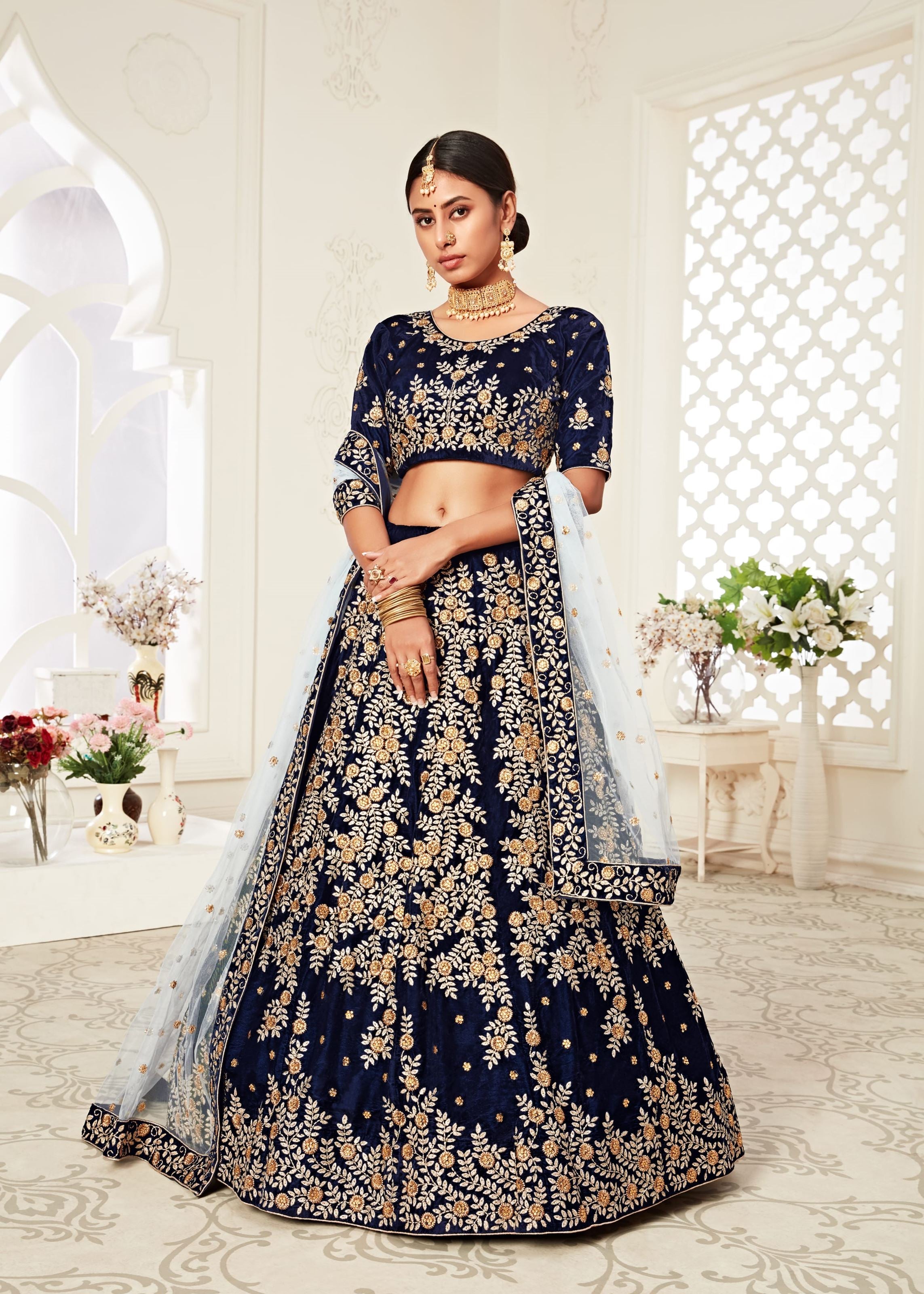 Navy Blue Lehenga Choli With Thread, Zari Embroidery With Diamond Work