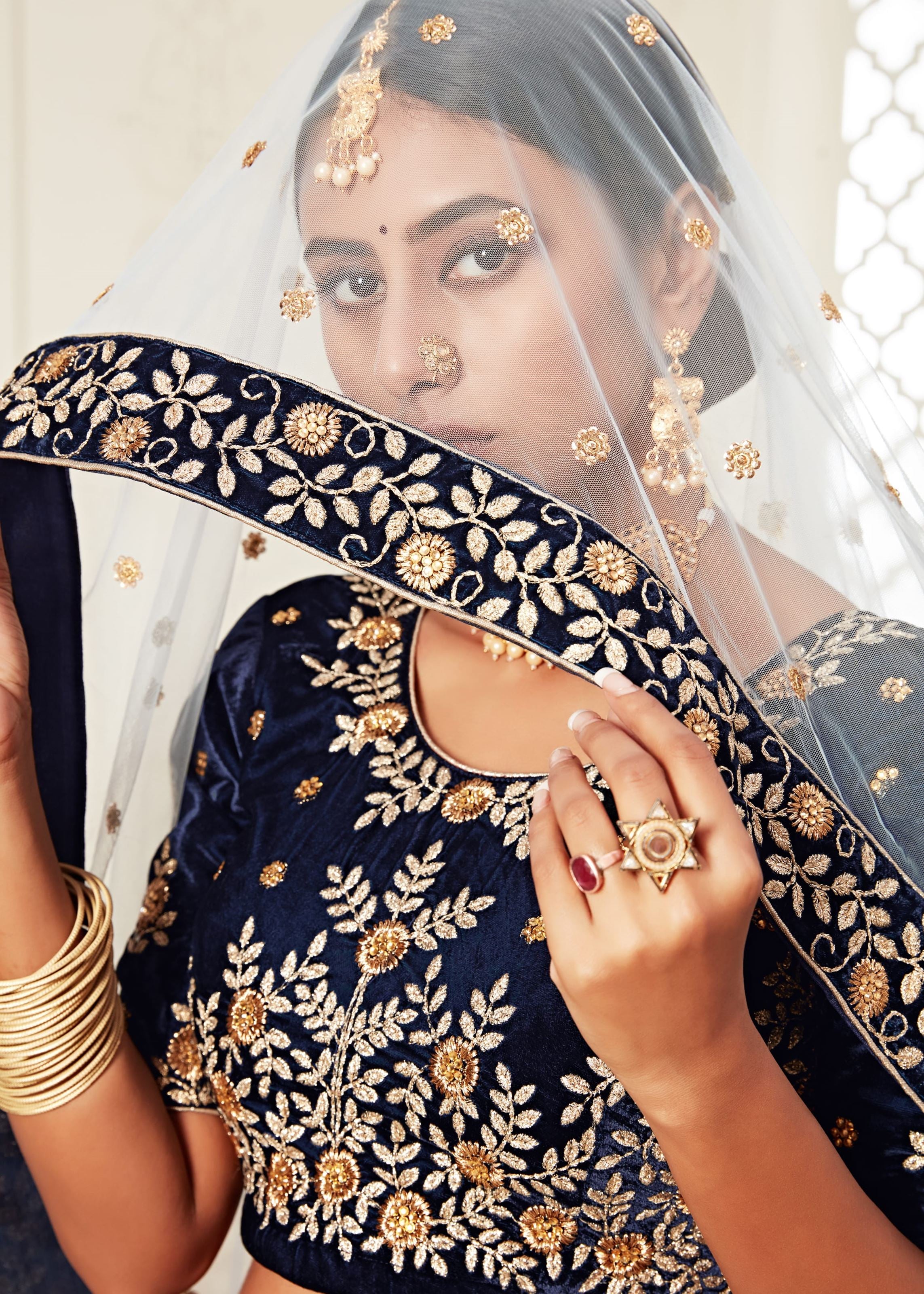 Navy Blue Lehenga Choli With Thread, Zari Embroidery With Diamond Work