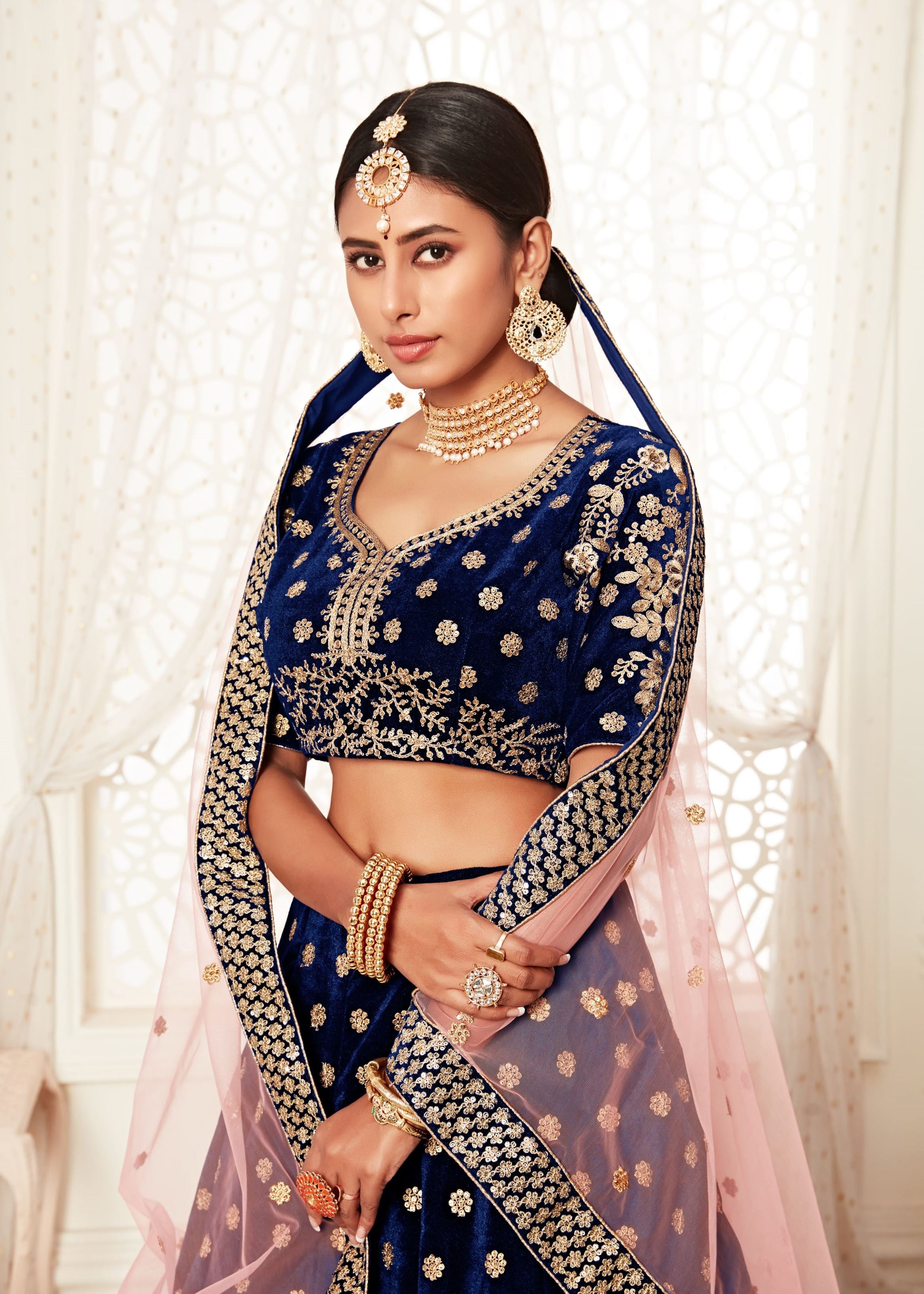 Navy Blue Lehenga Choli With Thread, Zari, Dori And Sequins Embroidery Work