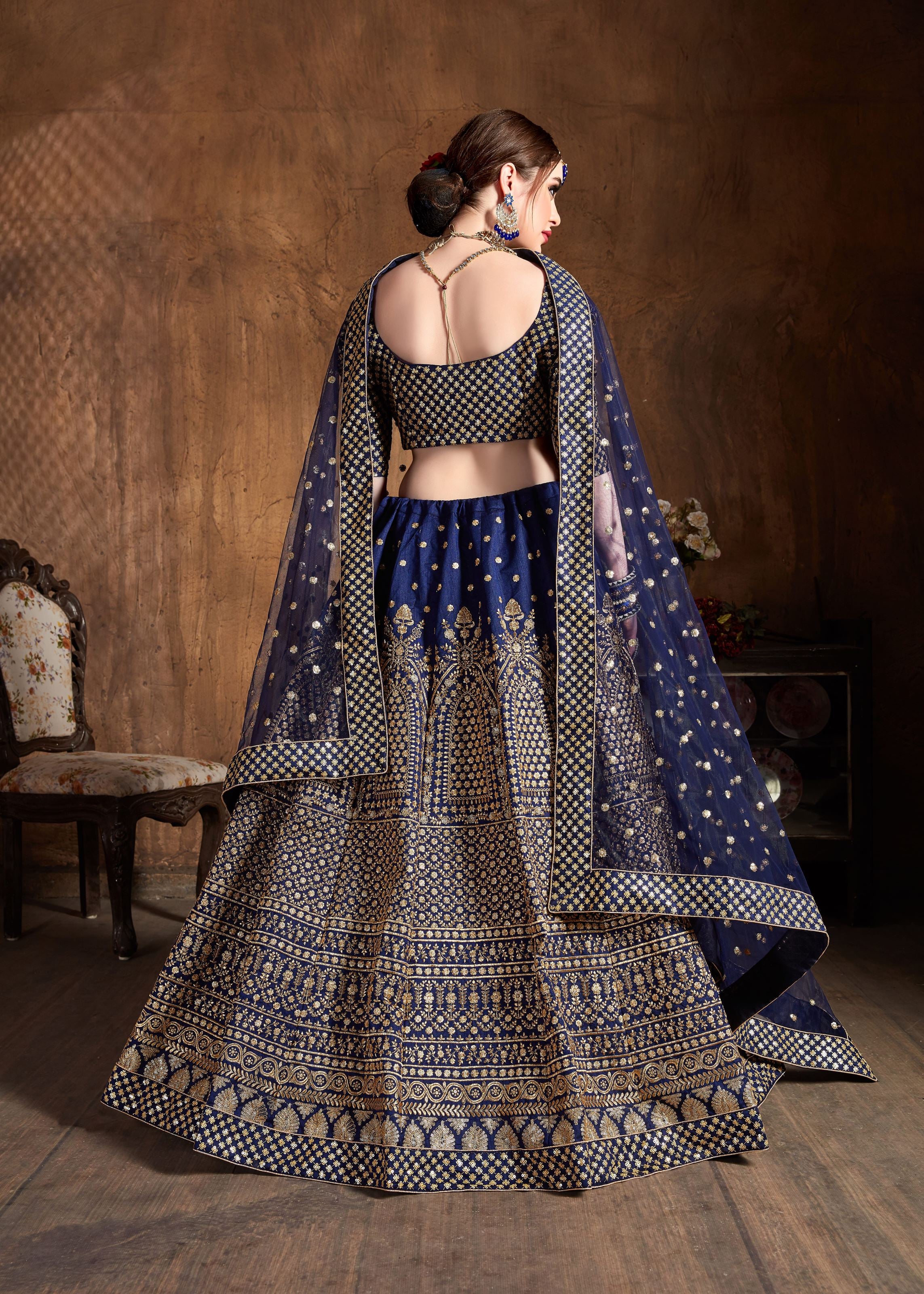 Navy Blue Lehenga Choli With Zari And Glitter Sequins Embroidery