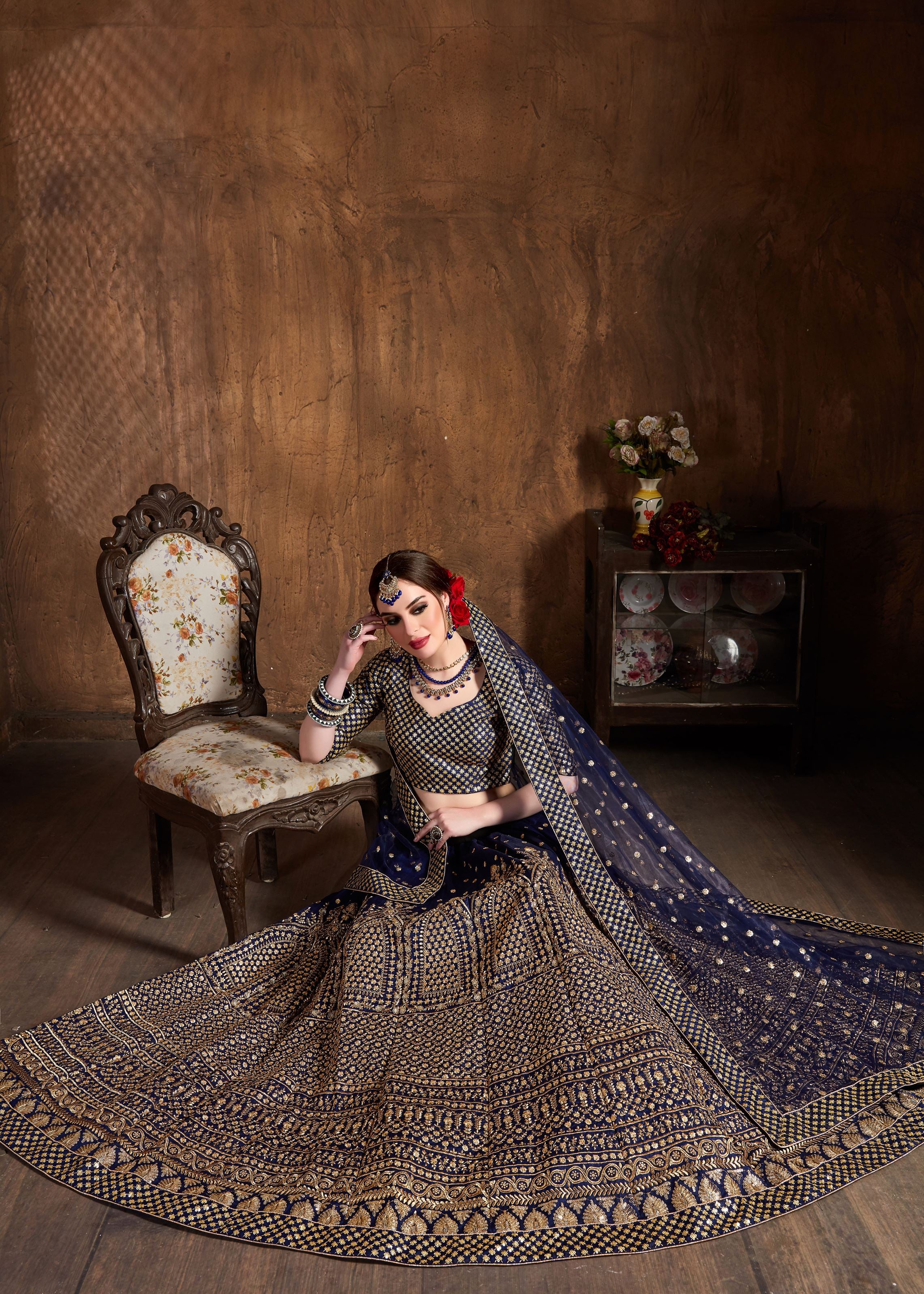 Navy Blue Lehenga Choli With Zari And Glitter Sequins Embroidery