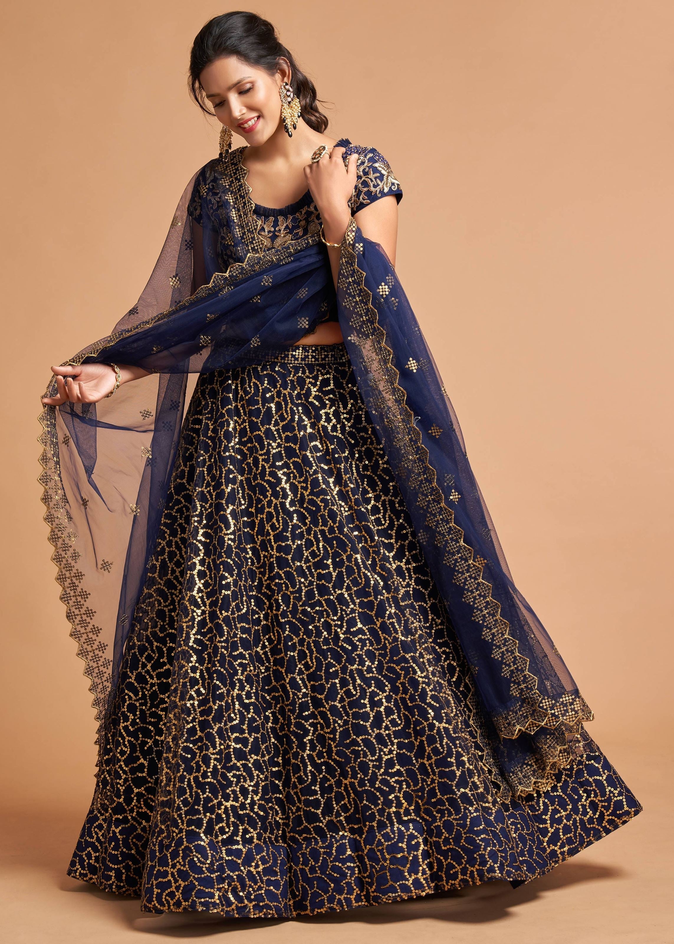 Navy Blue Lehenga Choli With Zari, Badla, Dori And Threads Embroidery Work