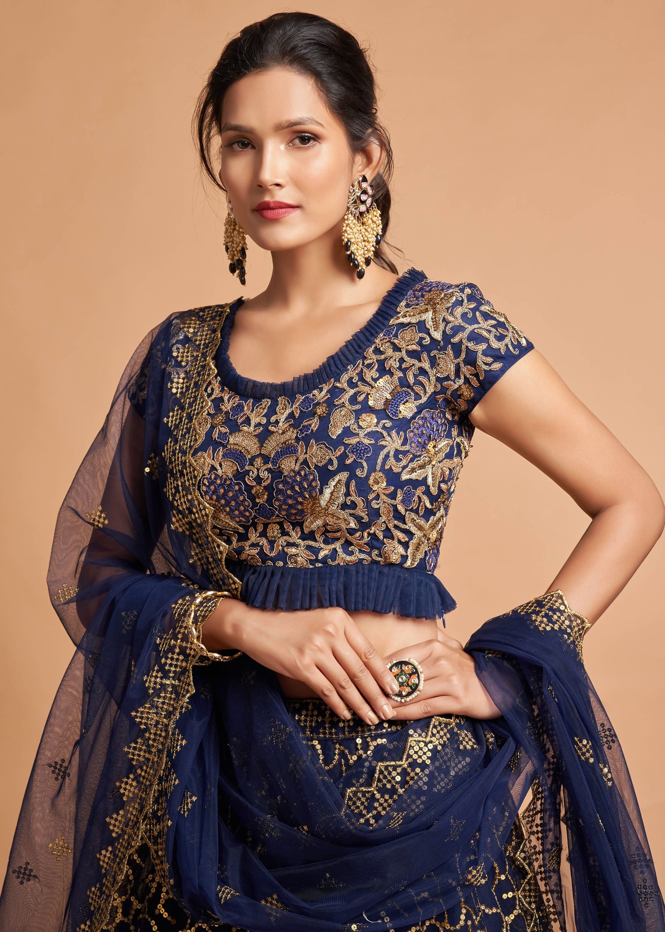 Navy Blue Lehenga Choli With Zari, Badla, Dori And Threads Embroidery Work