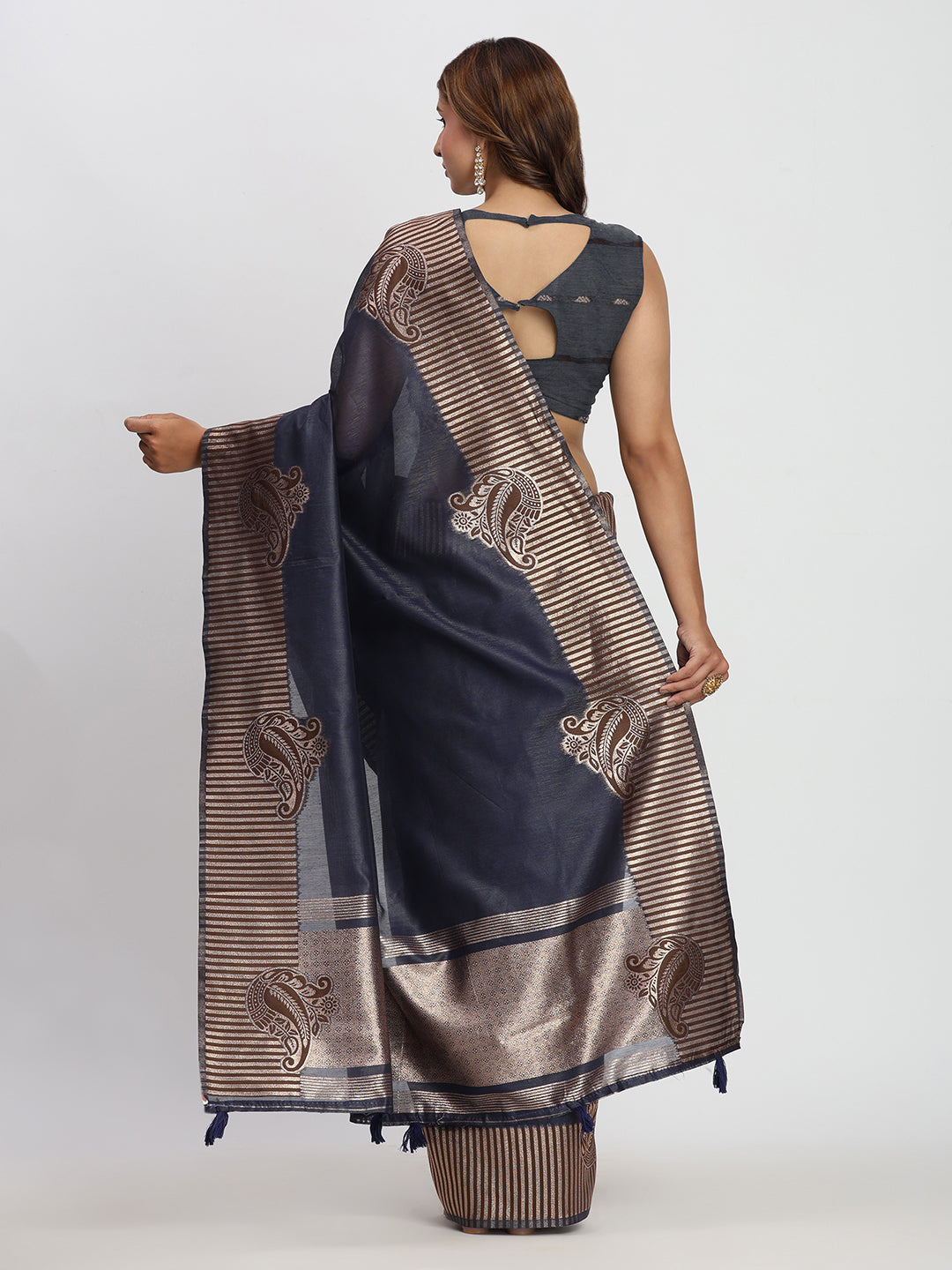 Navy Blue Linen Cotton Woven Galla Designer Traditional Partywear Saree