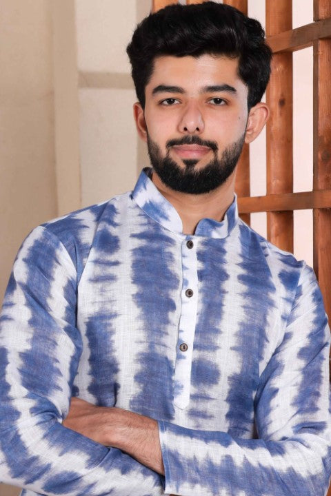 Navy Blue Linen Digital Printed Graceful Kurta Pajama
