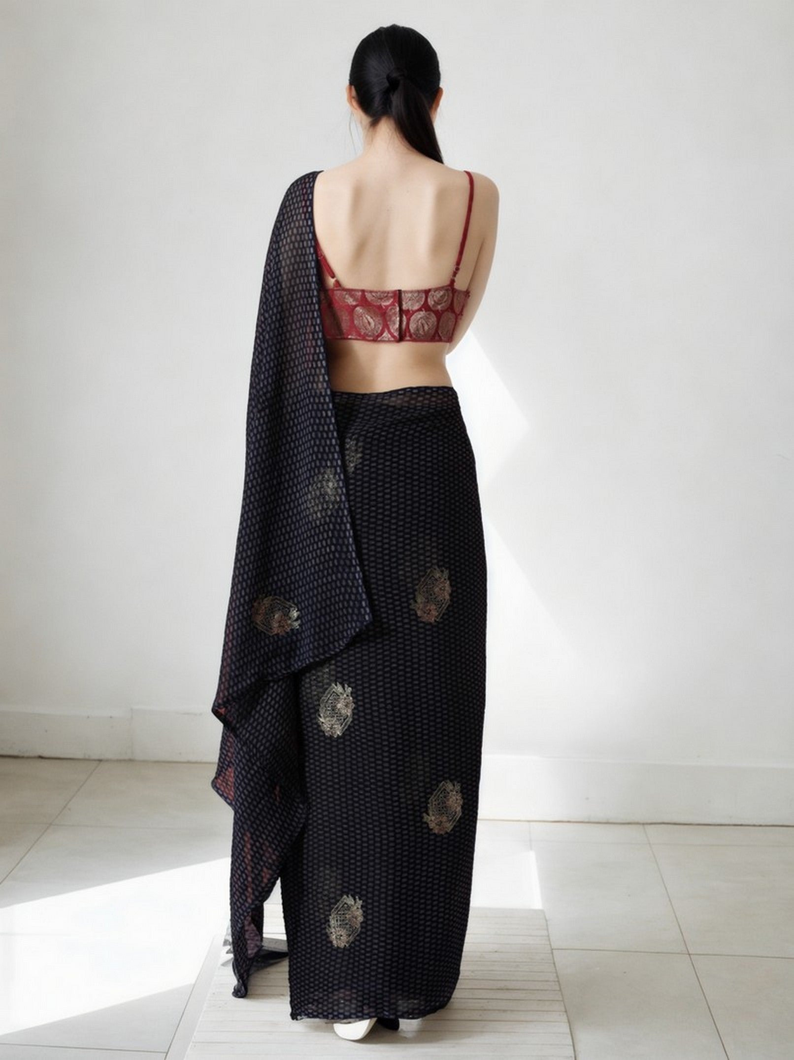 Navy Blue Marbel Chiffon Partywear Printed Girlie Ready To Wear Saree