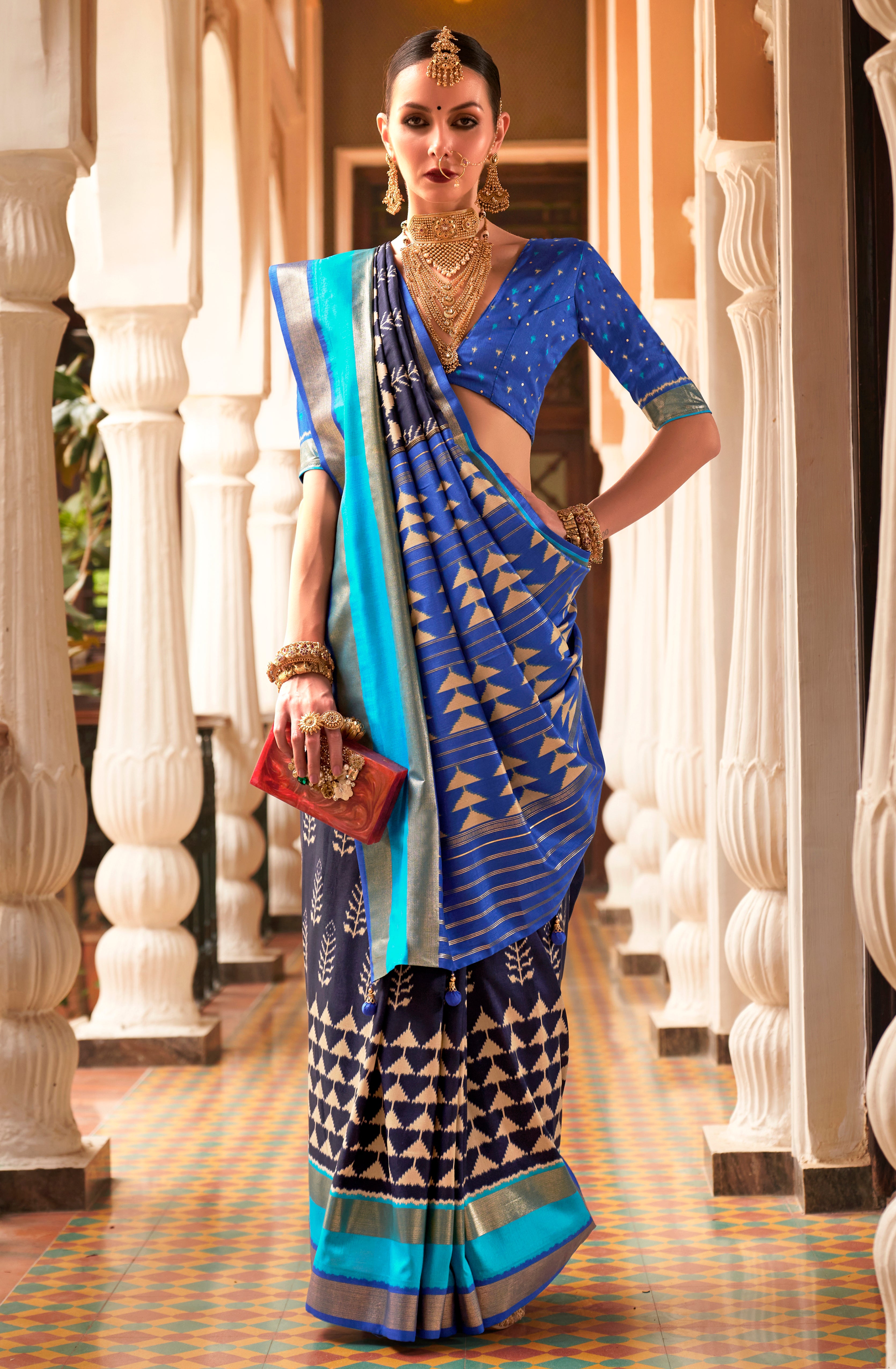 Navy Blue Patola Silk Saree with Printed