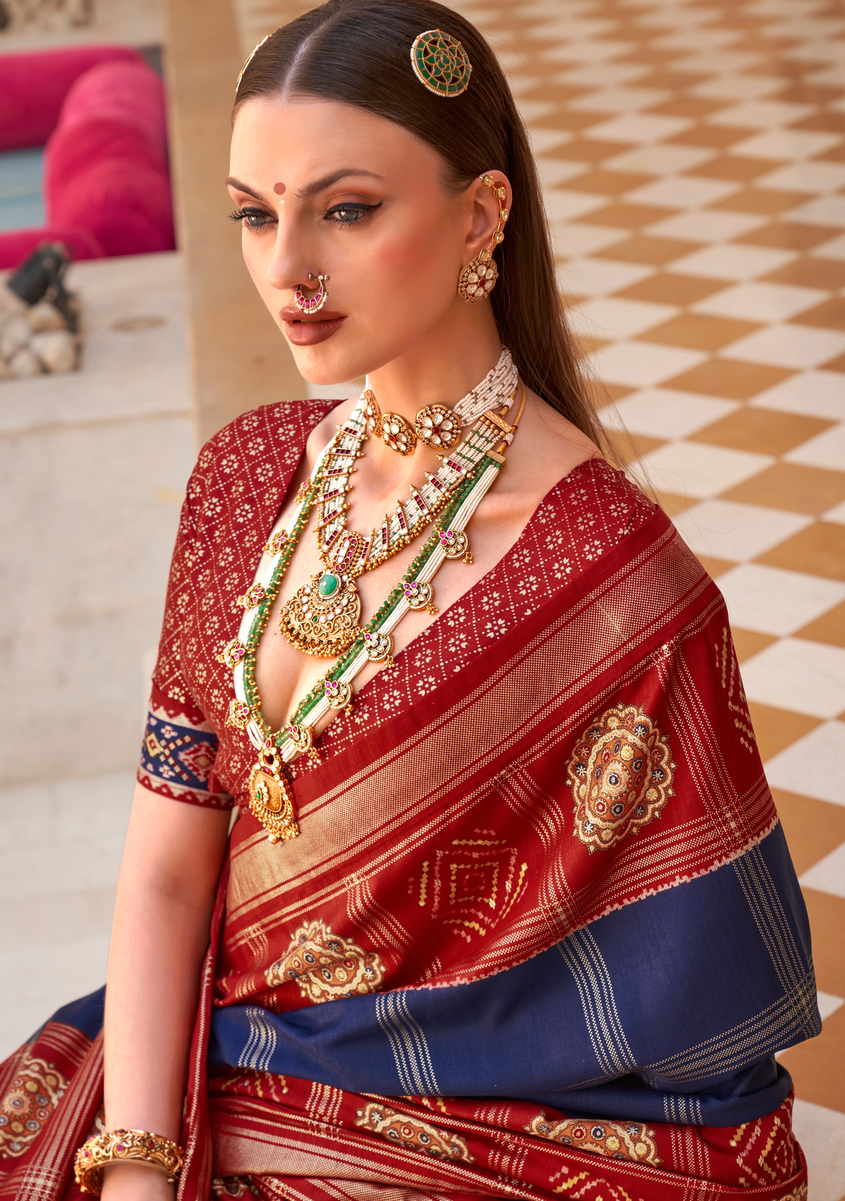 Navy Blue Printed Saree With Jacquared Woven Work