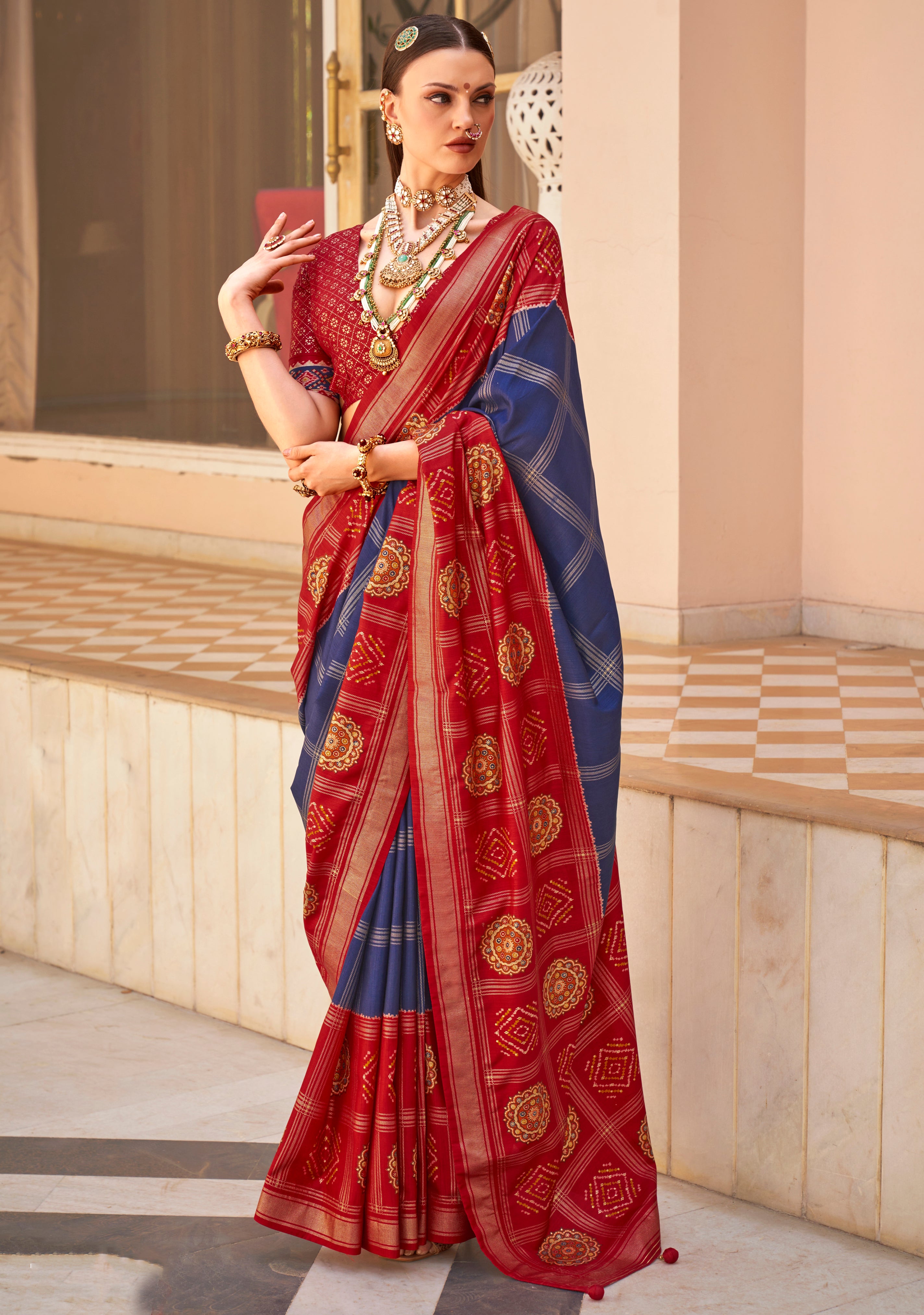 Navy Blue Printed Saree With Jacquared Woven Work