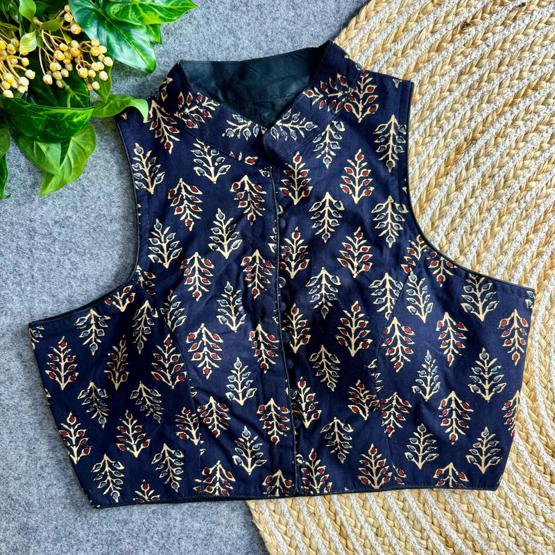 Navy Blue Pure Cotton Ajrakh Print High Neck Saree Blouse for Women