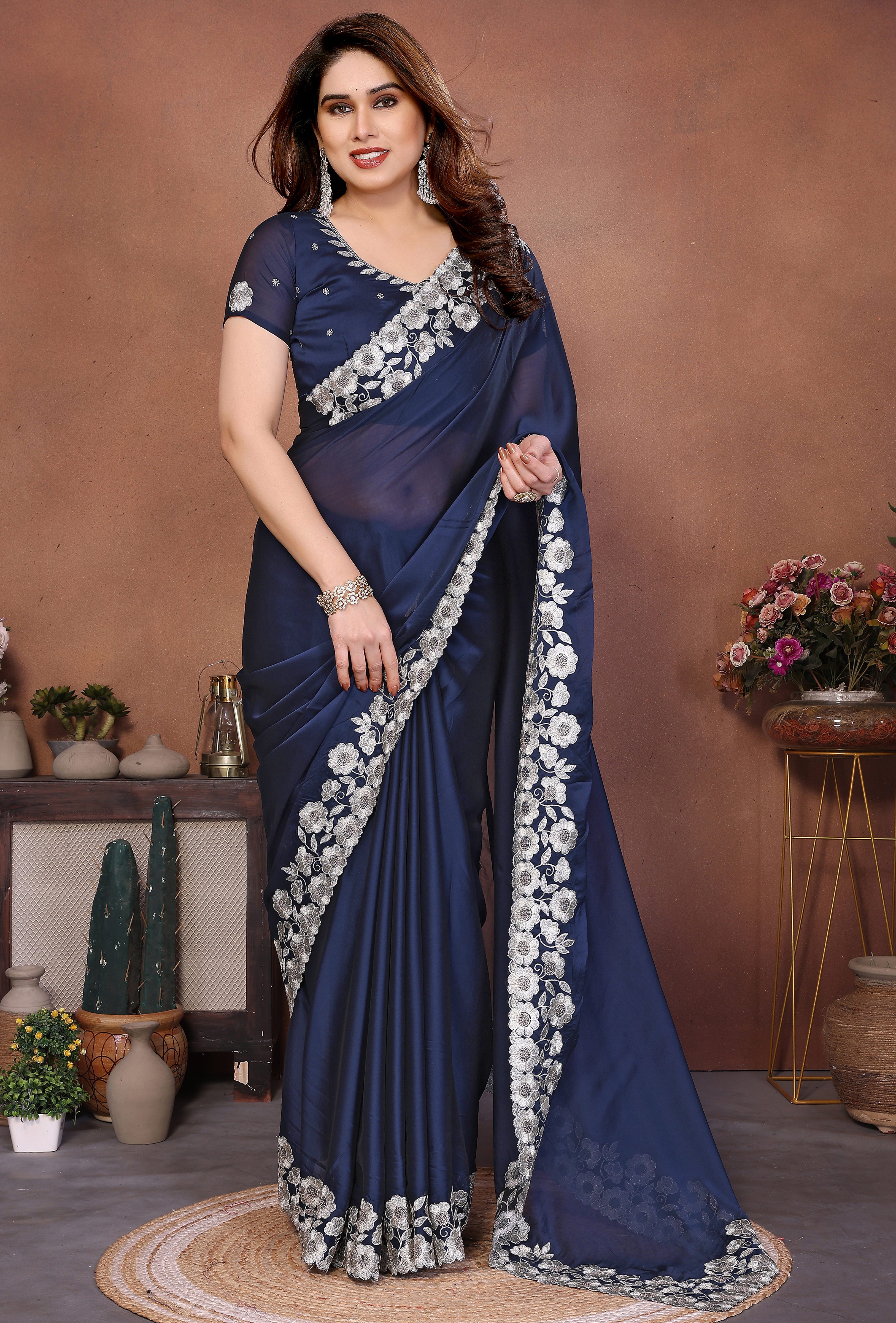 Navy Blue Rangoli Silk Saree with Heavy Traditional Embroidery