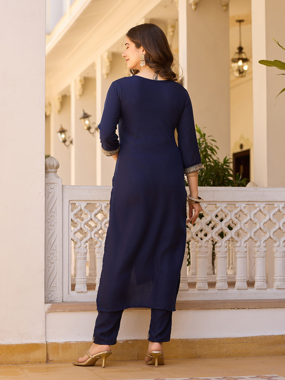 Navy Blue Rayon Kurta Pant Set With Thread Embroidered With Sequins Work