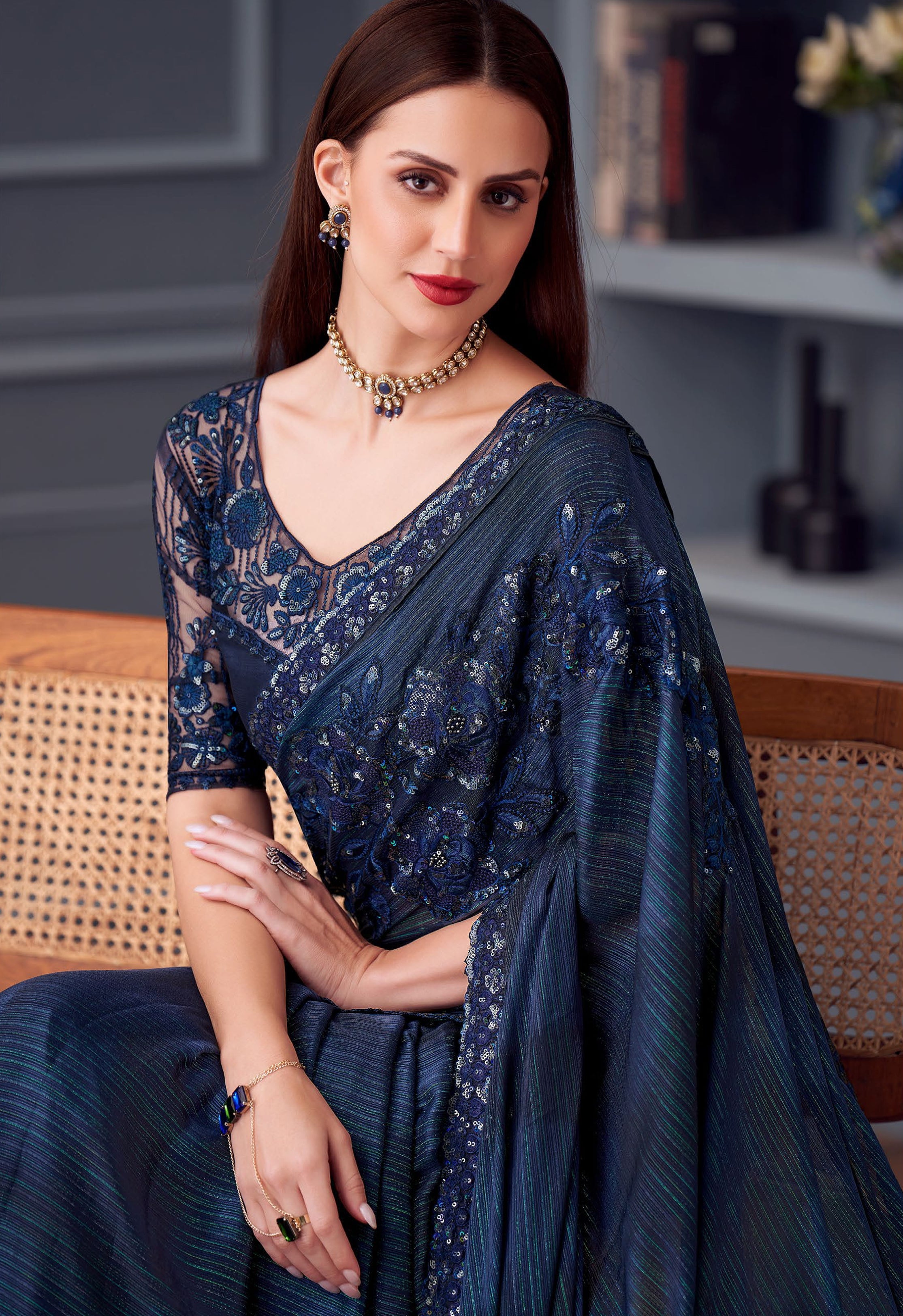Navy Blue Saree With Heavy Thread Embroidery Sequins Work