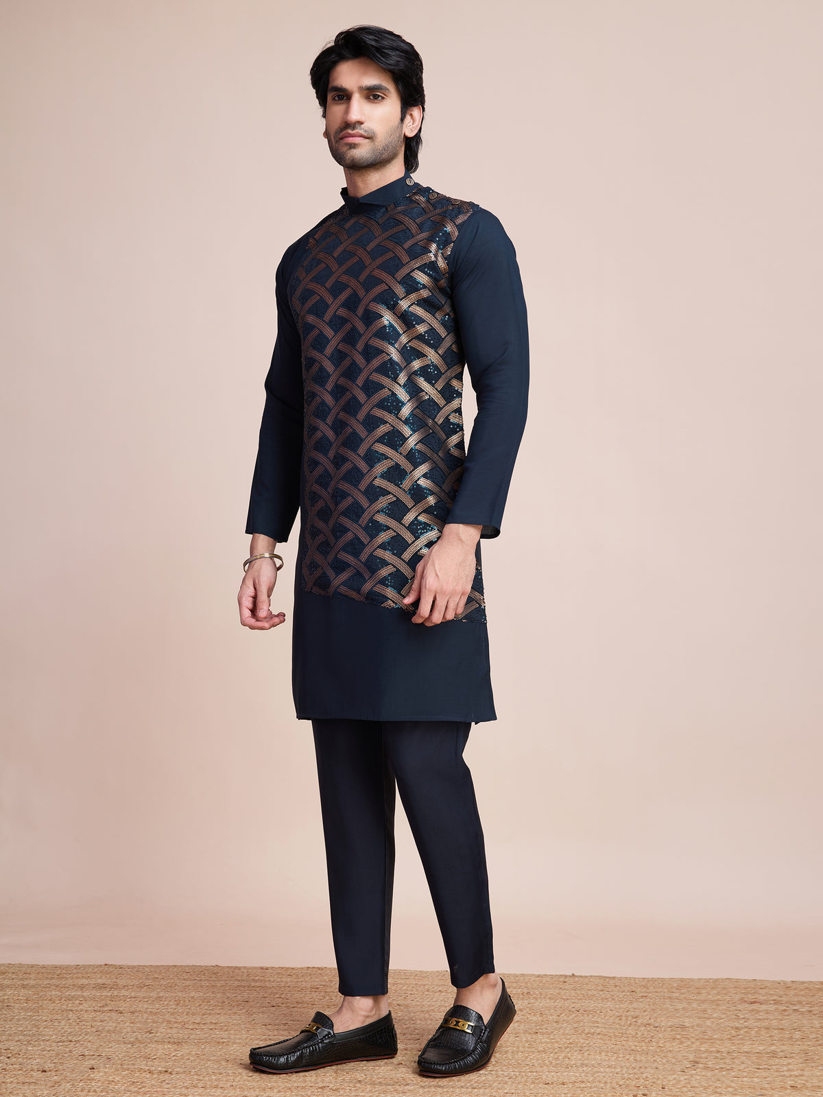 Navy Blue Sequins Embroidered Ethnic Kurta – Rich and Regal